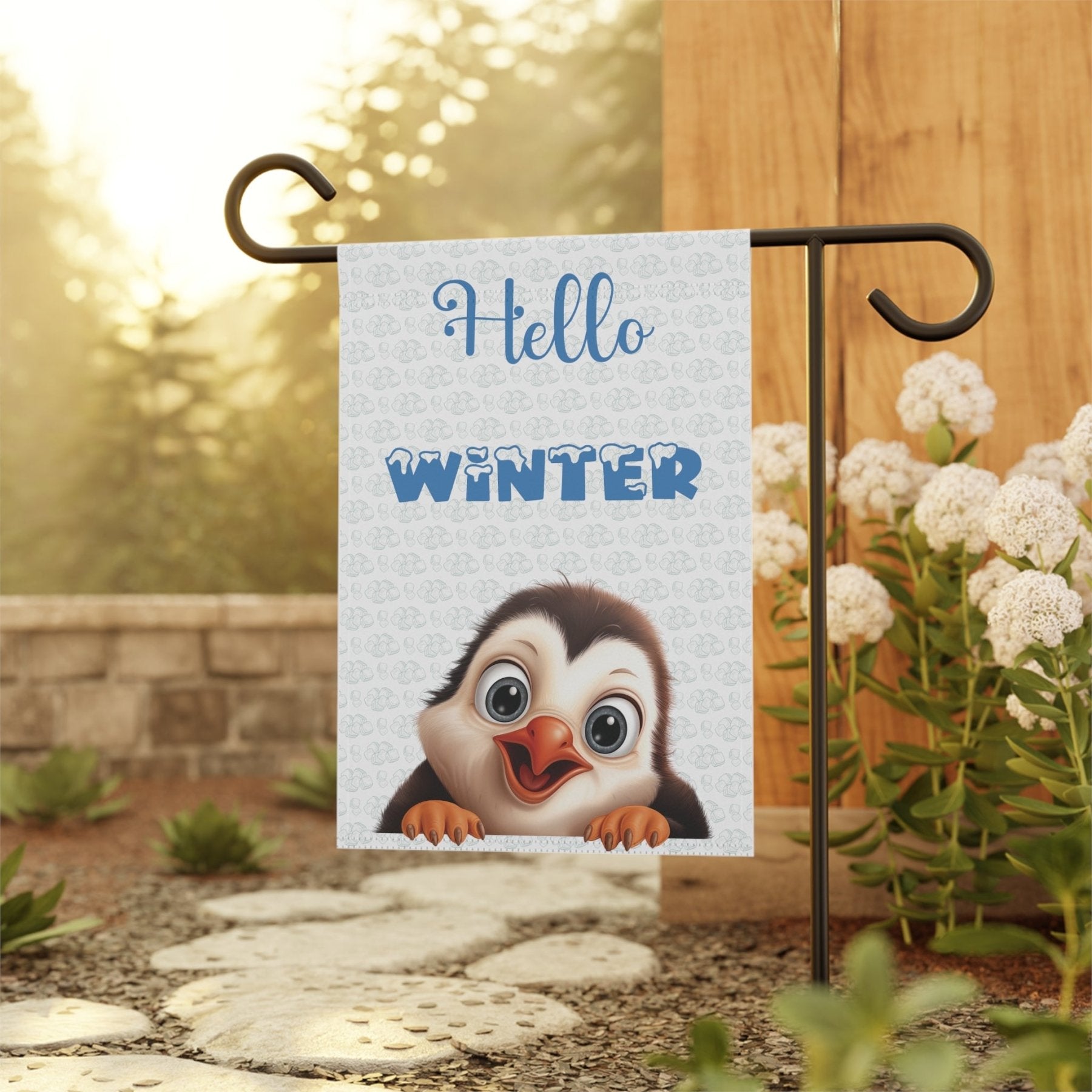 Garden Flag, Lawn Flag, House Flag, Home Flag, Winter Flag, Hello Winter, White, Penguin - Janlyn's Crafts