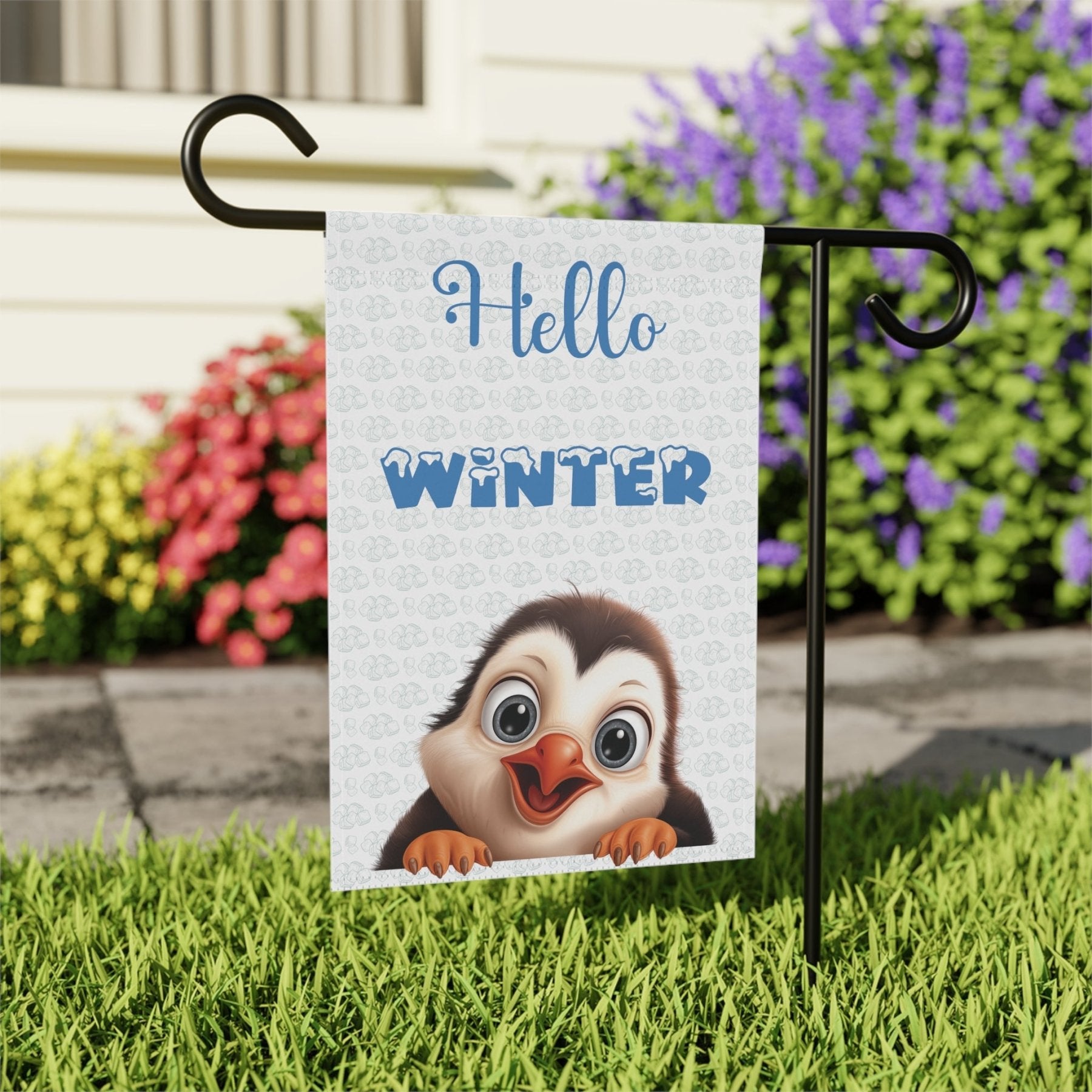 Garden Flag, Lawn Flag, House Flag, Home Flag, Winter Flag, Hello Winter, White, Penguin - Janlyn's Crafts