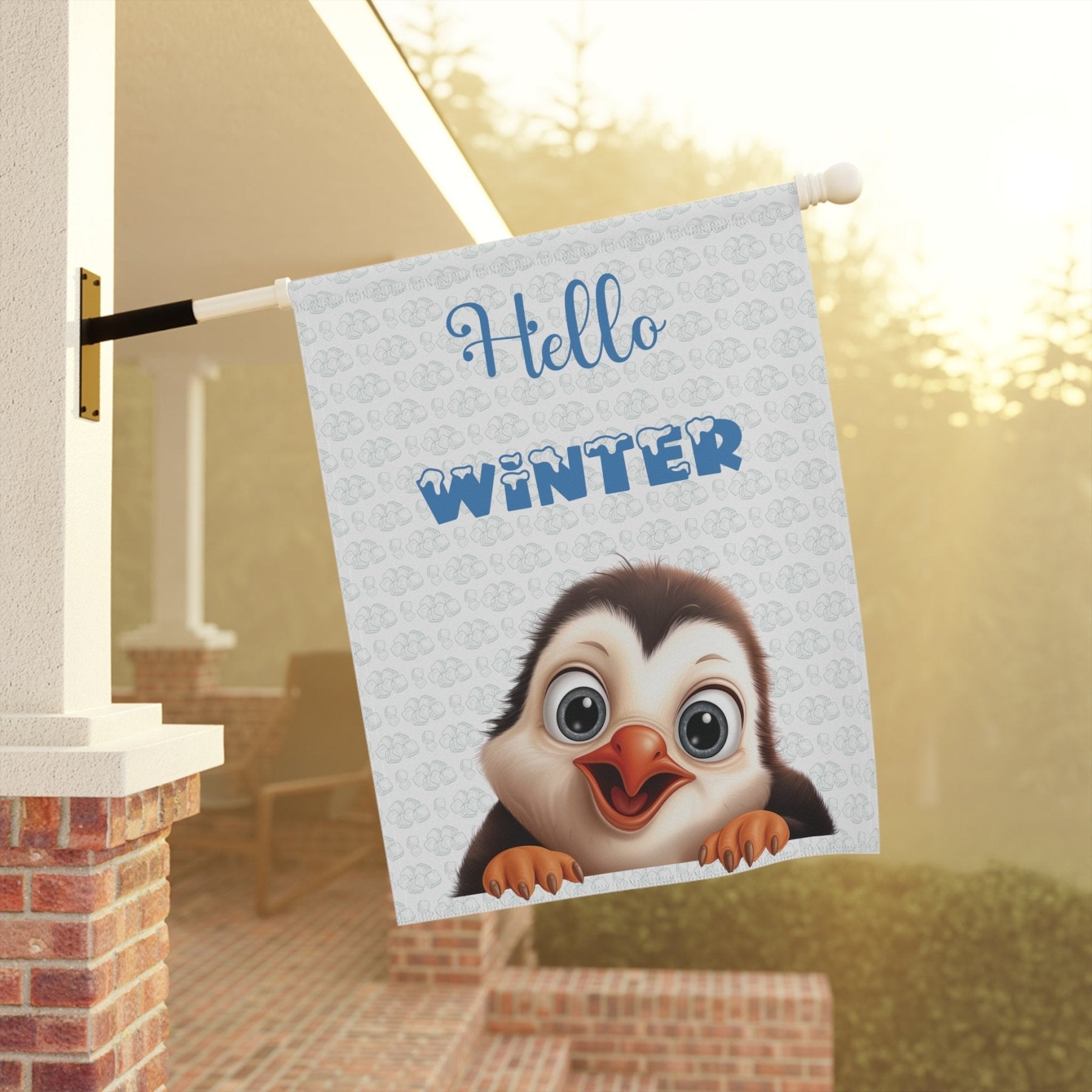 Garden Flag, Lawn Flag, House Flag, Home Flag, Winter Flag, Hello Winter, White, Penguin - Janlyn's Crafts