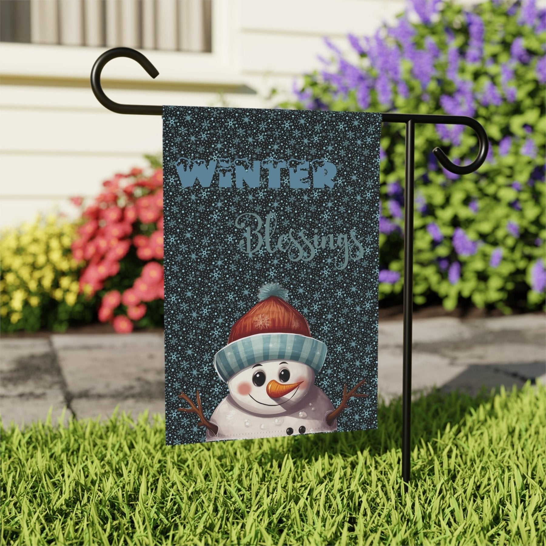 Garden Flag, Lawn Flag, House Flag, Home Flag, Winter Flag, Winter Blessings, Black, Snowman 4 - Janlyn's Crafts