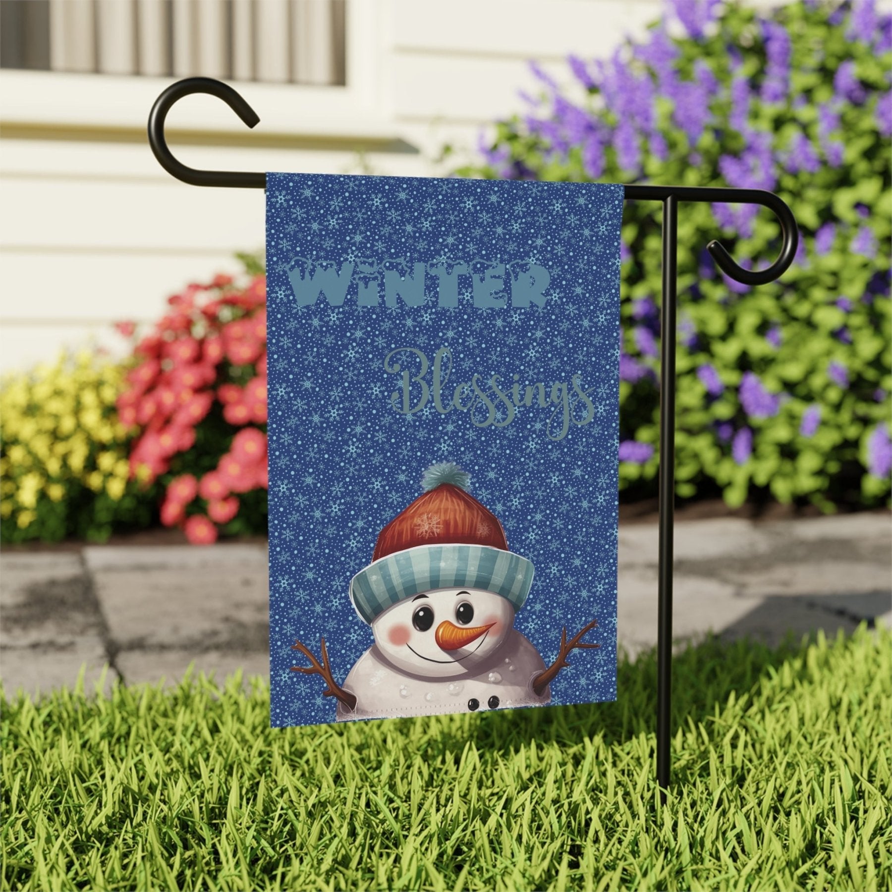 Garden Flag, Lawn Flag, House Flag, Home Flag, Winter Flag, Winter Blessings, Dark Blue, Snowman 4 - Janlyn's Crafts