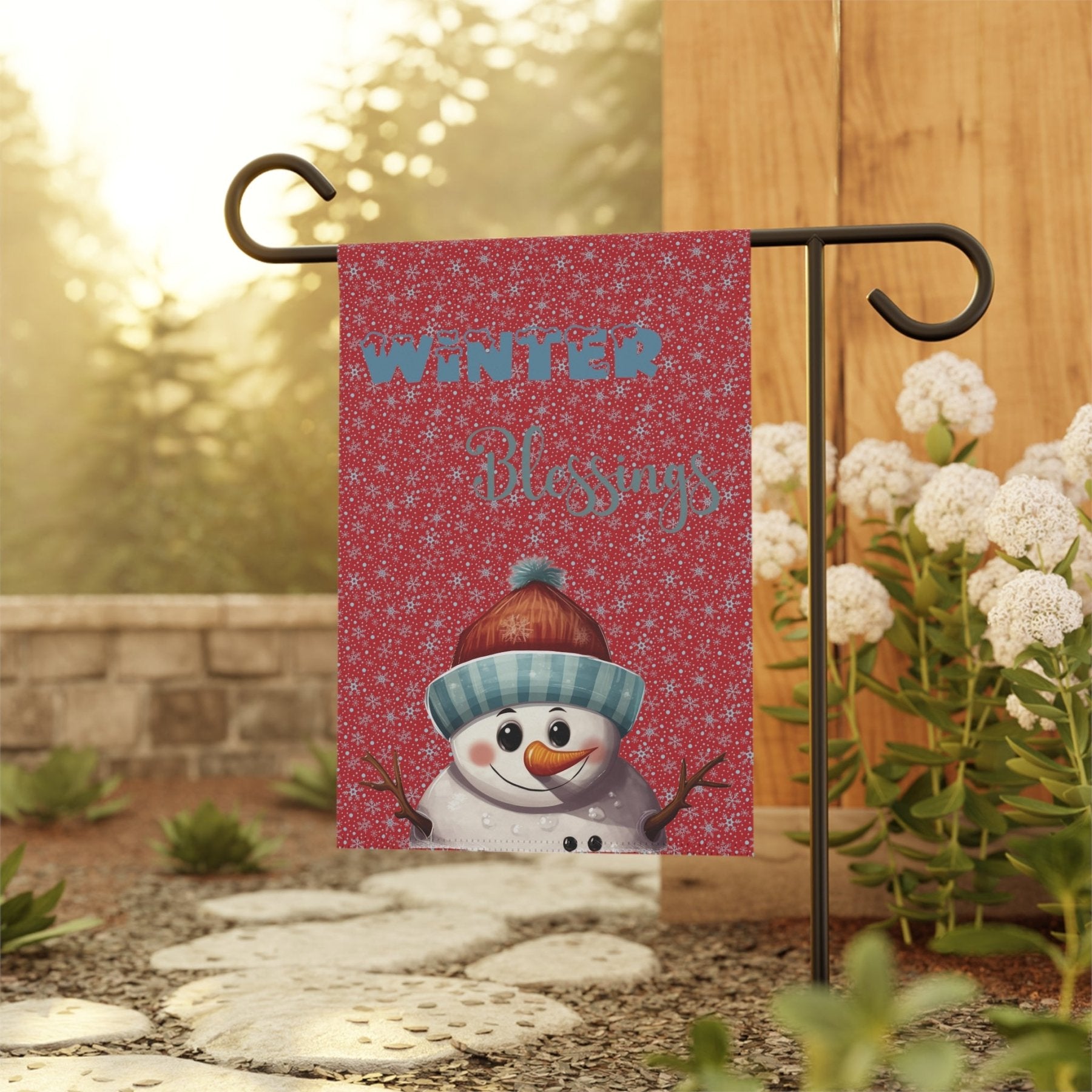 Garden Flag, Lawn Flag, House Flag, Home Flag, Winter Flag, Winter Blessings, Dark Red, Snowman 4 - Janlyn's Crafts