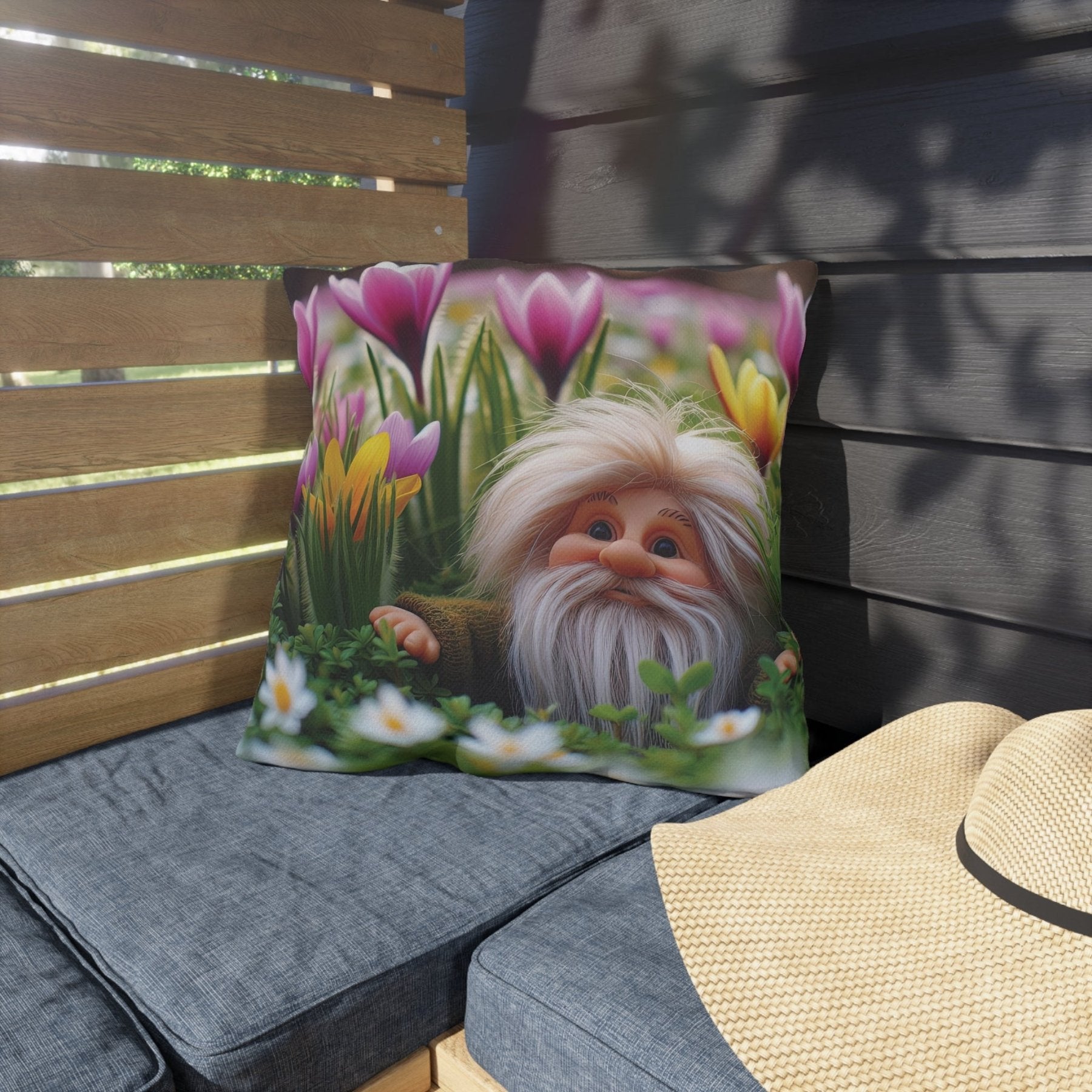 Gnome & Flowers Outdoor Pillow, Qty 1, (10) - Janlyn's Crafts