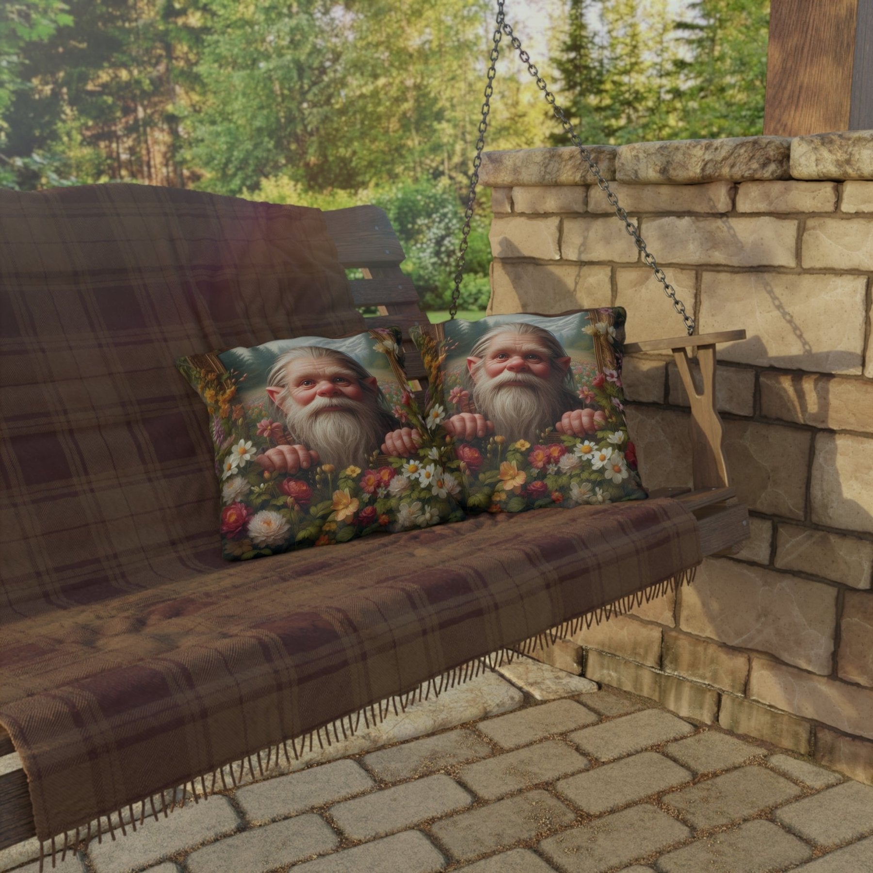 Gnome & Flowers Outdoor Pillow, Qty 1, (11) - Janlyn's Crafts