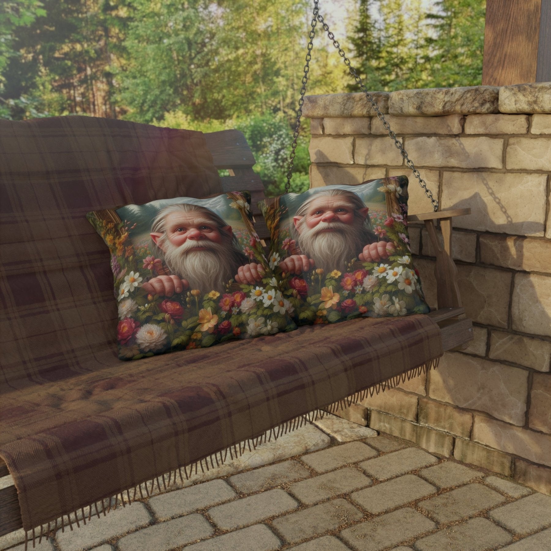 Gnome & Flowers Outdoor Pillow, Qty 1, (11) - Janlyn's Crafts