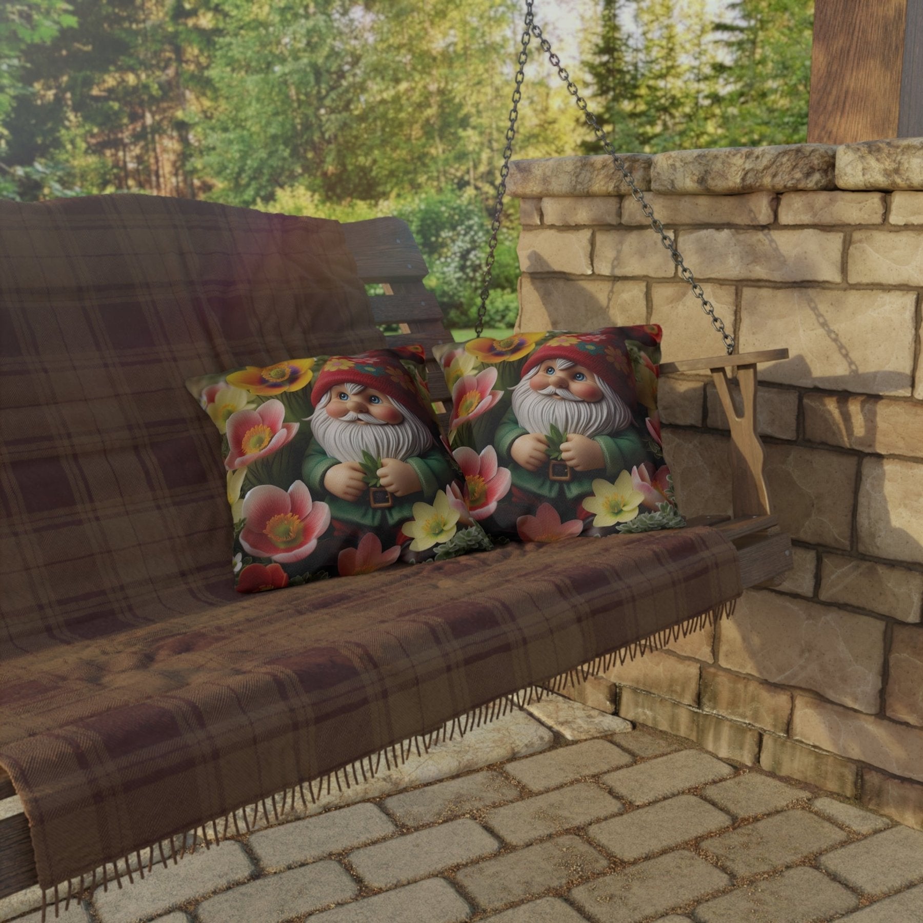 Gnome & Flowers Outdoor Pillow, Qty 1, (13) - Janlyn's Crafts