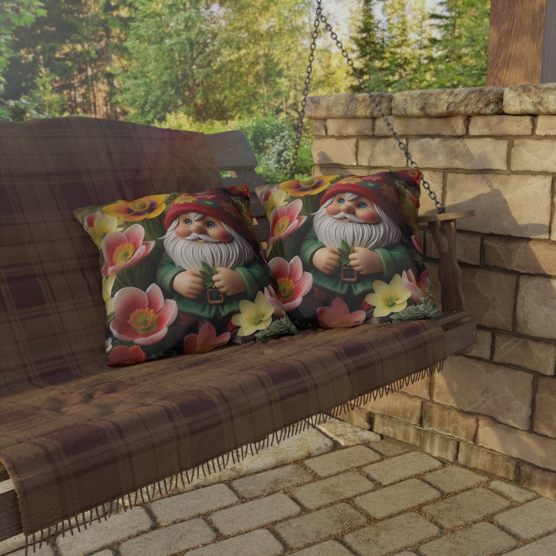 Gnome & Flowers Outdoor Pillow, Qty 1, (13) - Janlyn's Crafts