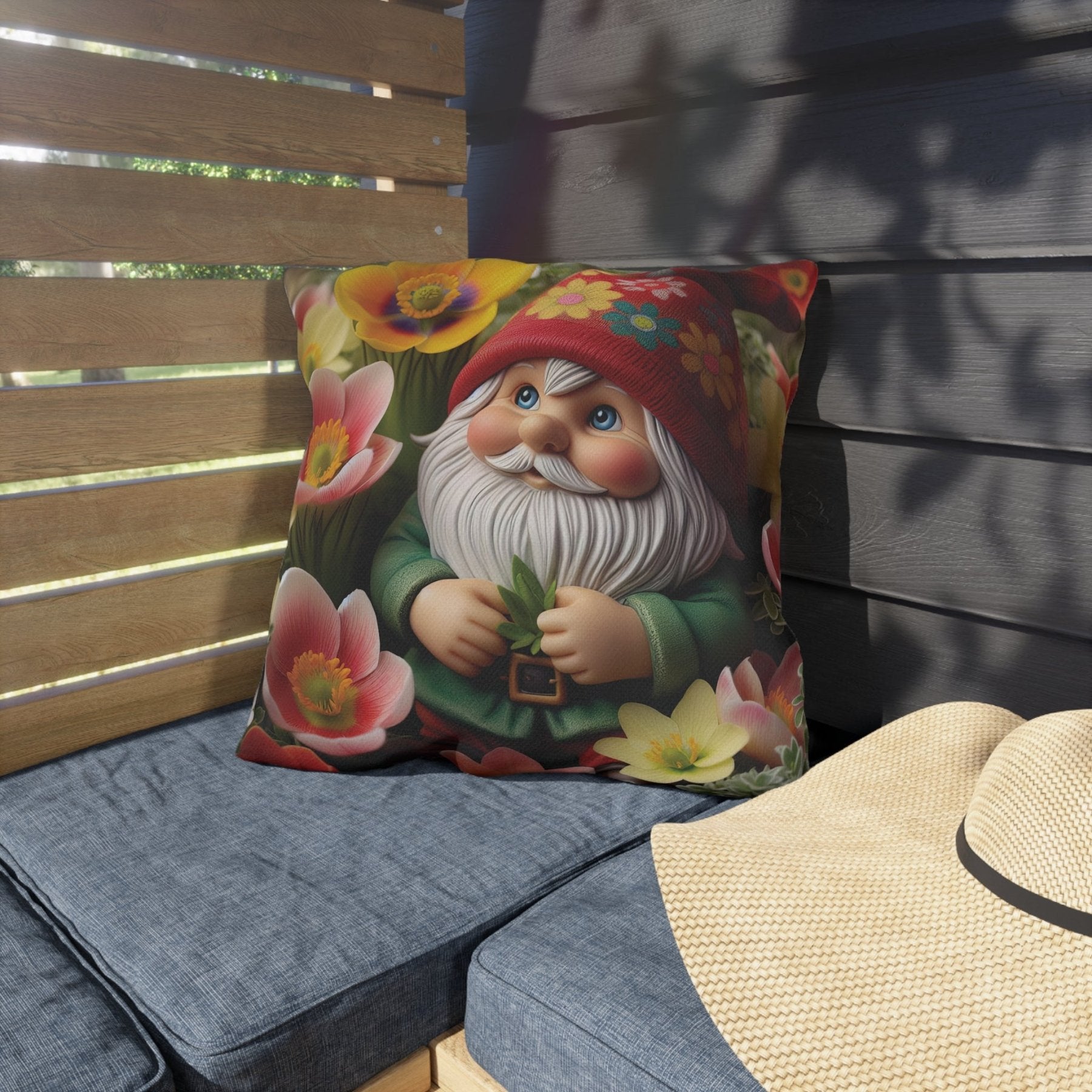 Gnome & Flowers Outdoor Pillow, Qty 1, (13) - Janlyn's Crafts