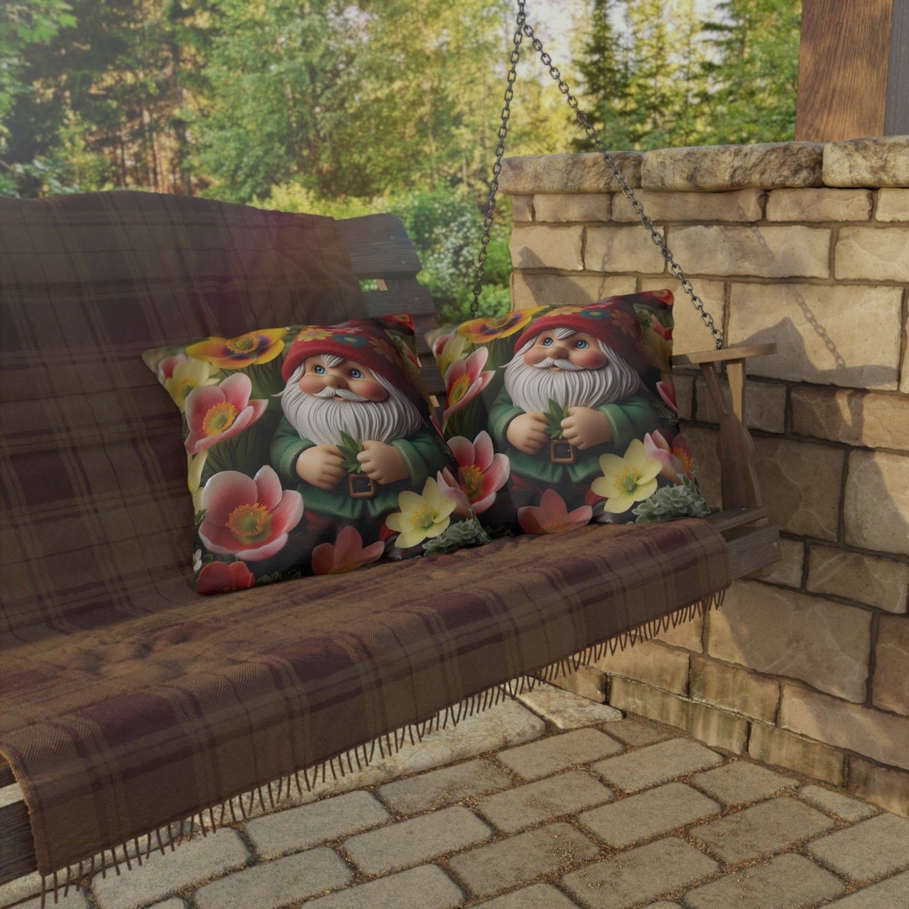 Gnome & Flowers Outdoor Pillow, Qty 1, (13) - Janlyn's Crafts