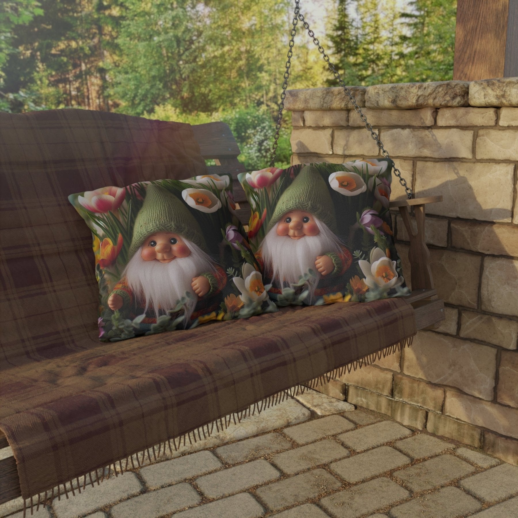 Gnome & Flowers Outdoor Pillow, Qty 1, (19) - Janlyn's Crafts