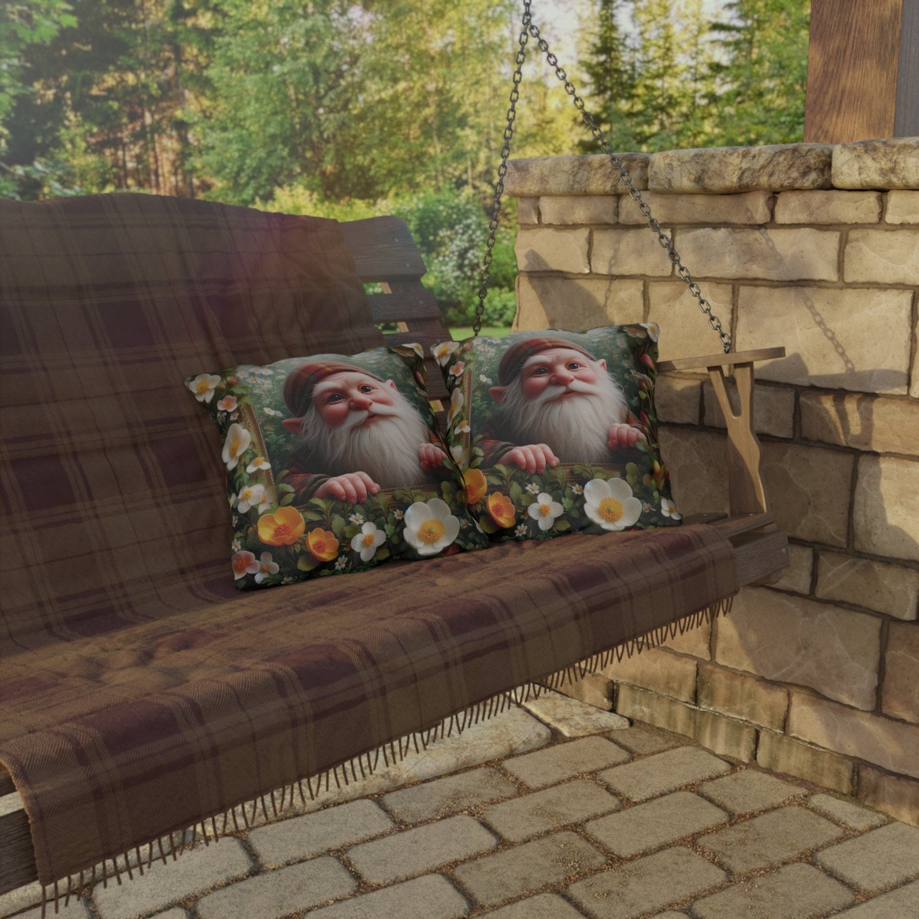 Gnome & Flowers Outdoor Pillow, Qty 1, (3) - Janlyn's Crafts