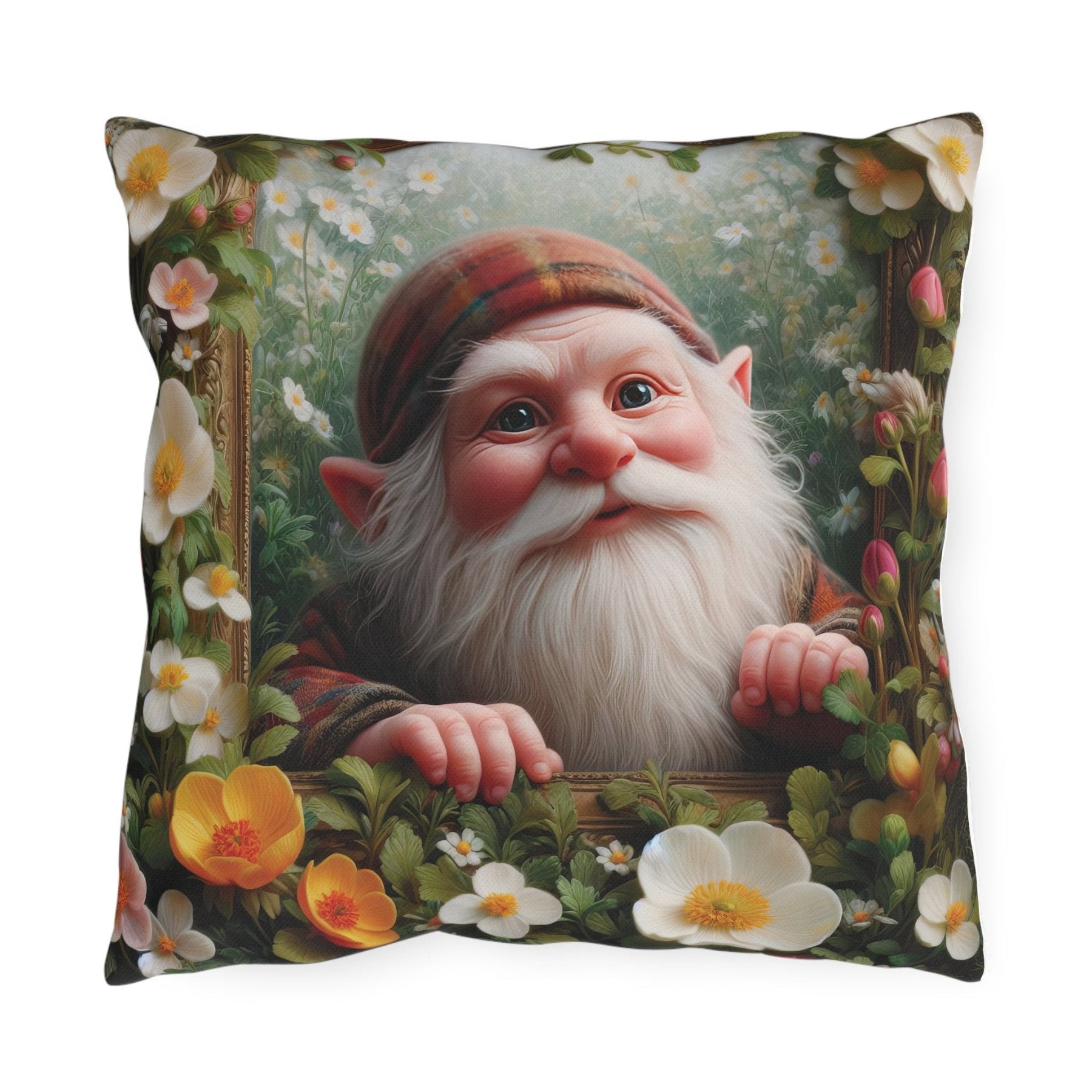 Gnome & Flowers Outdoor Pillow, Qty 1, (3) - Janlyn's Crafts