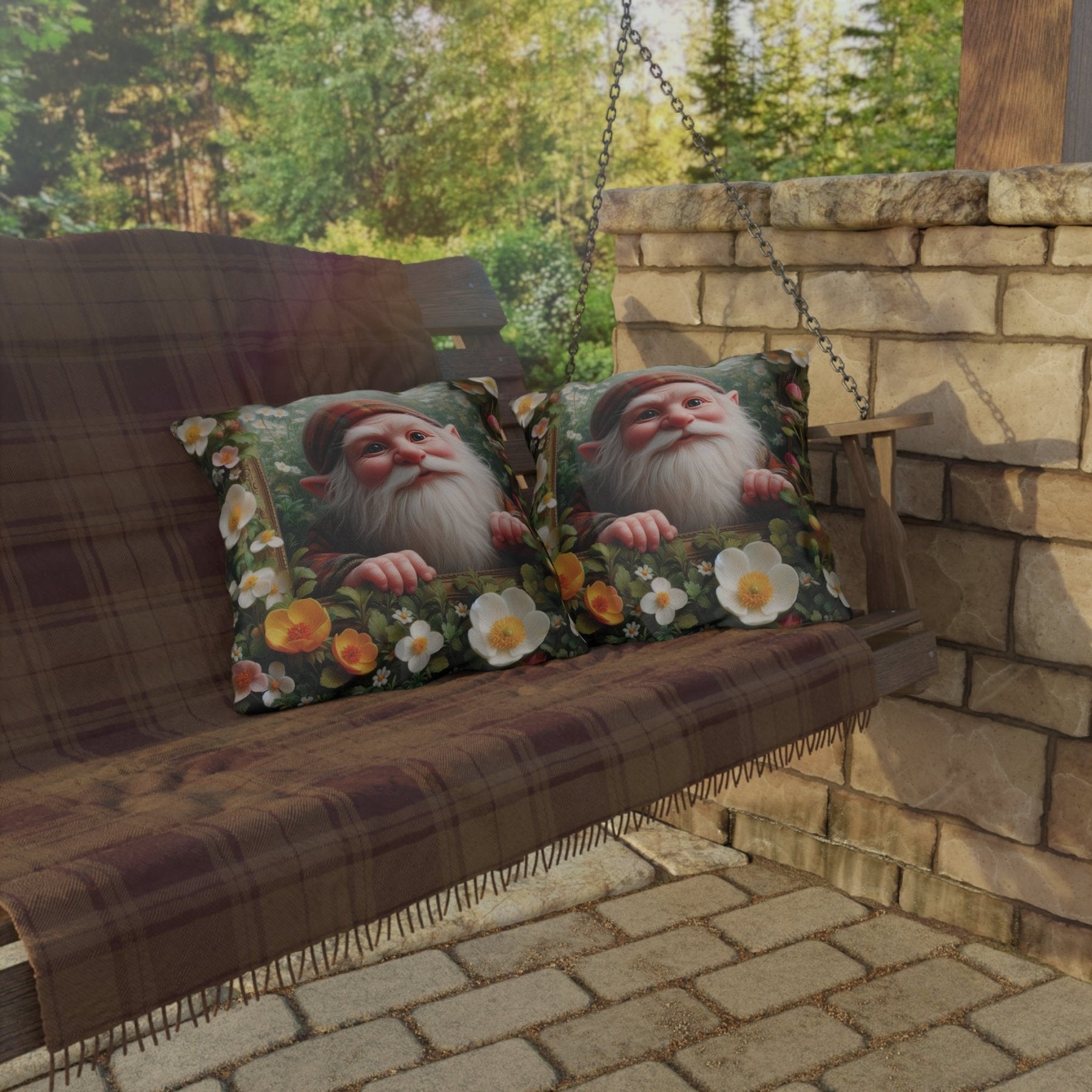 Gnome & Flowers Outdoor Pillow, Qty 1, (3) - Janlyn's Crafts