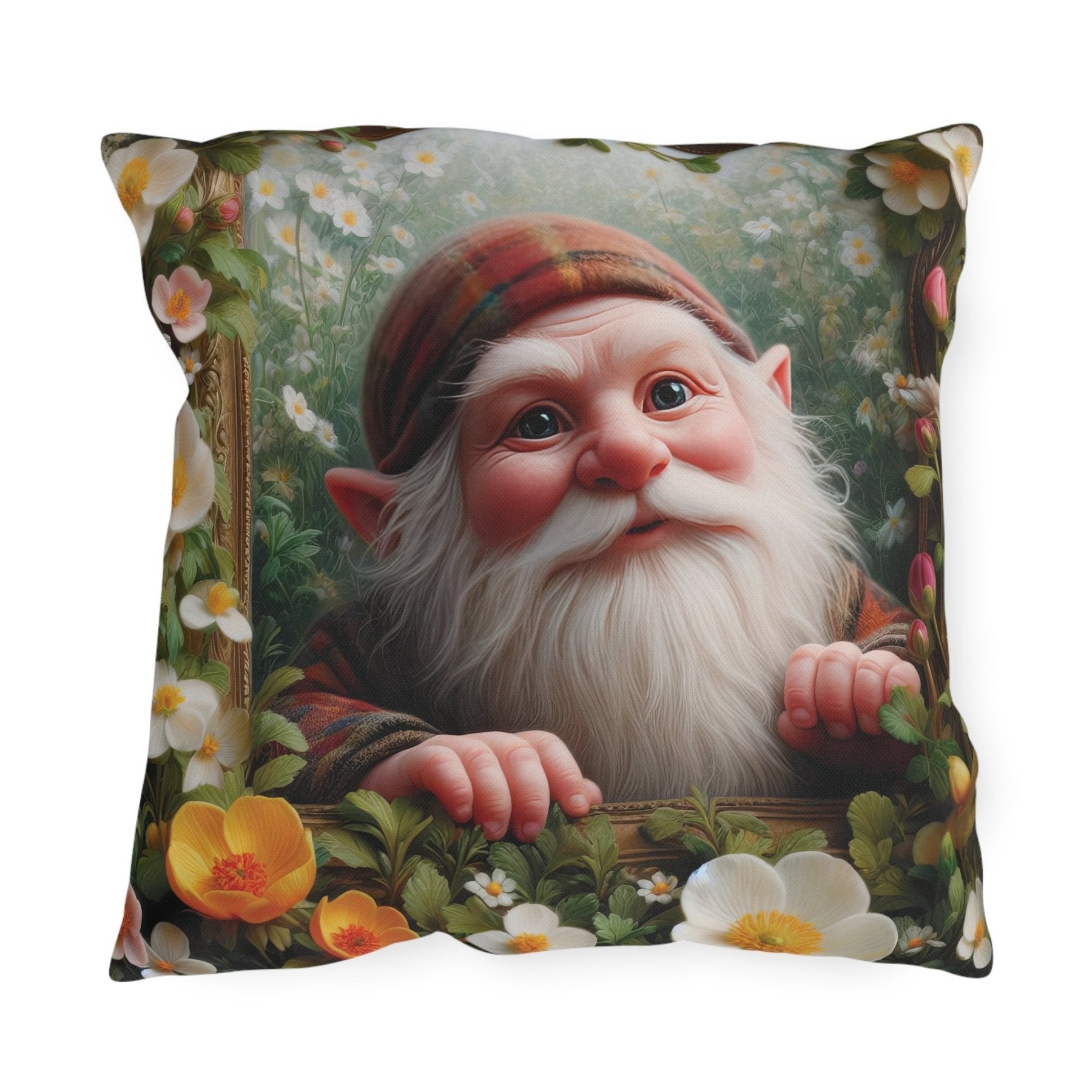 Gnome & Flowers Outdoor Pillow, Qty 1, (3) - Janlyn's Crafts