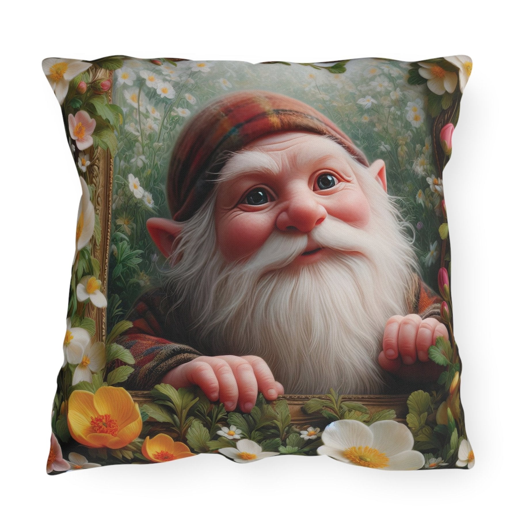 Gnome & Flowers Outdoor Pillow, Qty 1, (3) - Janlyn's Crafts