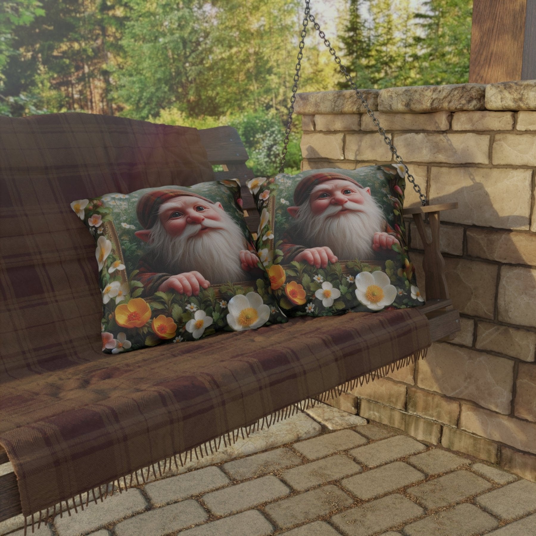 Gnome & Flowers Outdoor Pillow, Qty 1, (3) - Janlyn's Crafts