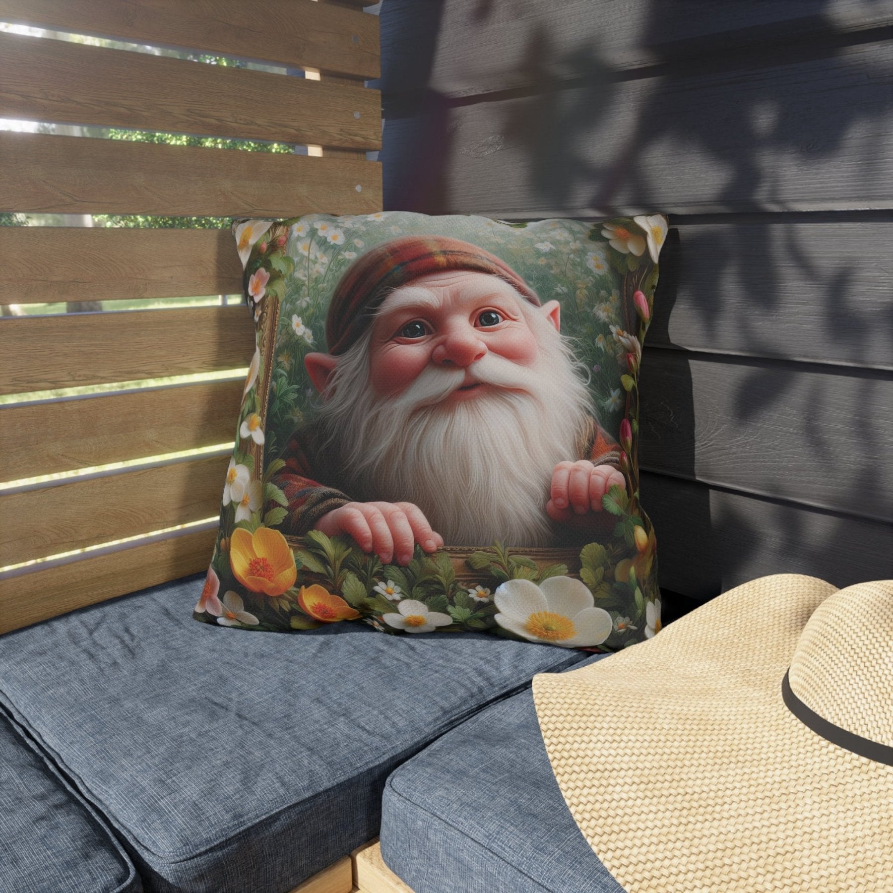 Gnome & Flowers Outdoor Pillow, Qty 1, (3) - Janlyn's Crafts