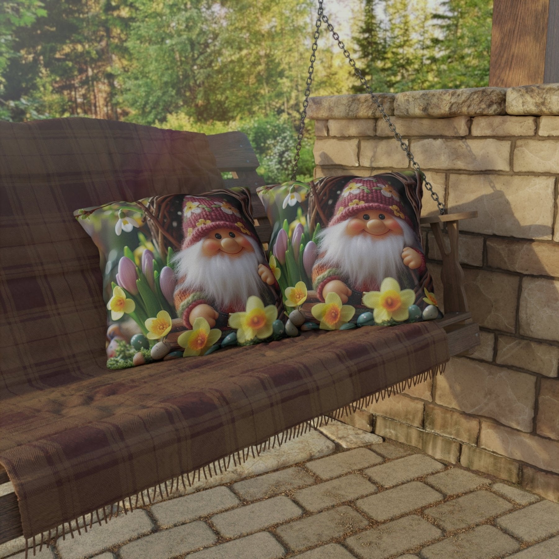 Gnome & Flowers Outdoor Pillow, Qty 1, (4) - Janlyn's Crafts