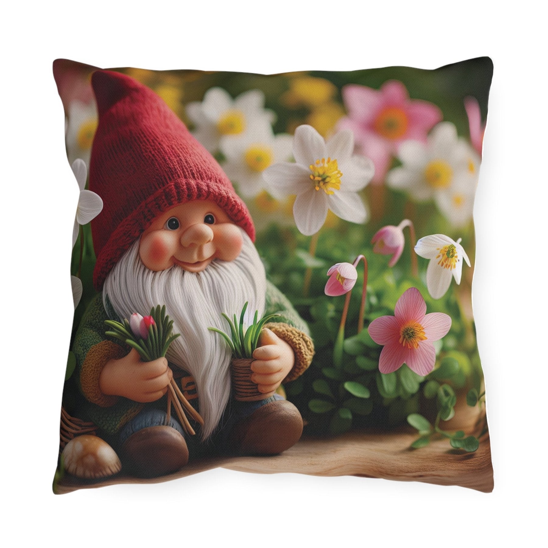 Gnome & Flowers Outdoor Pillow, Qty 1, (5) - Janlyn's Crafts