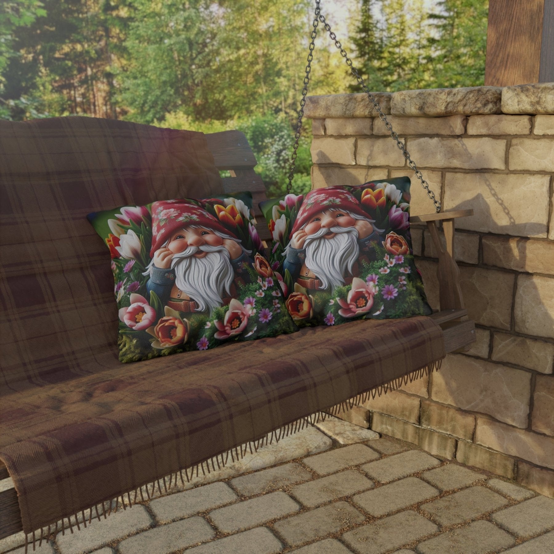 Gnome & Flowers Outdoor Pillow, Qty 1, (7) - Janlyn's Crafts