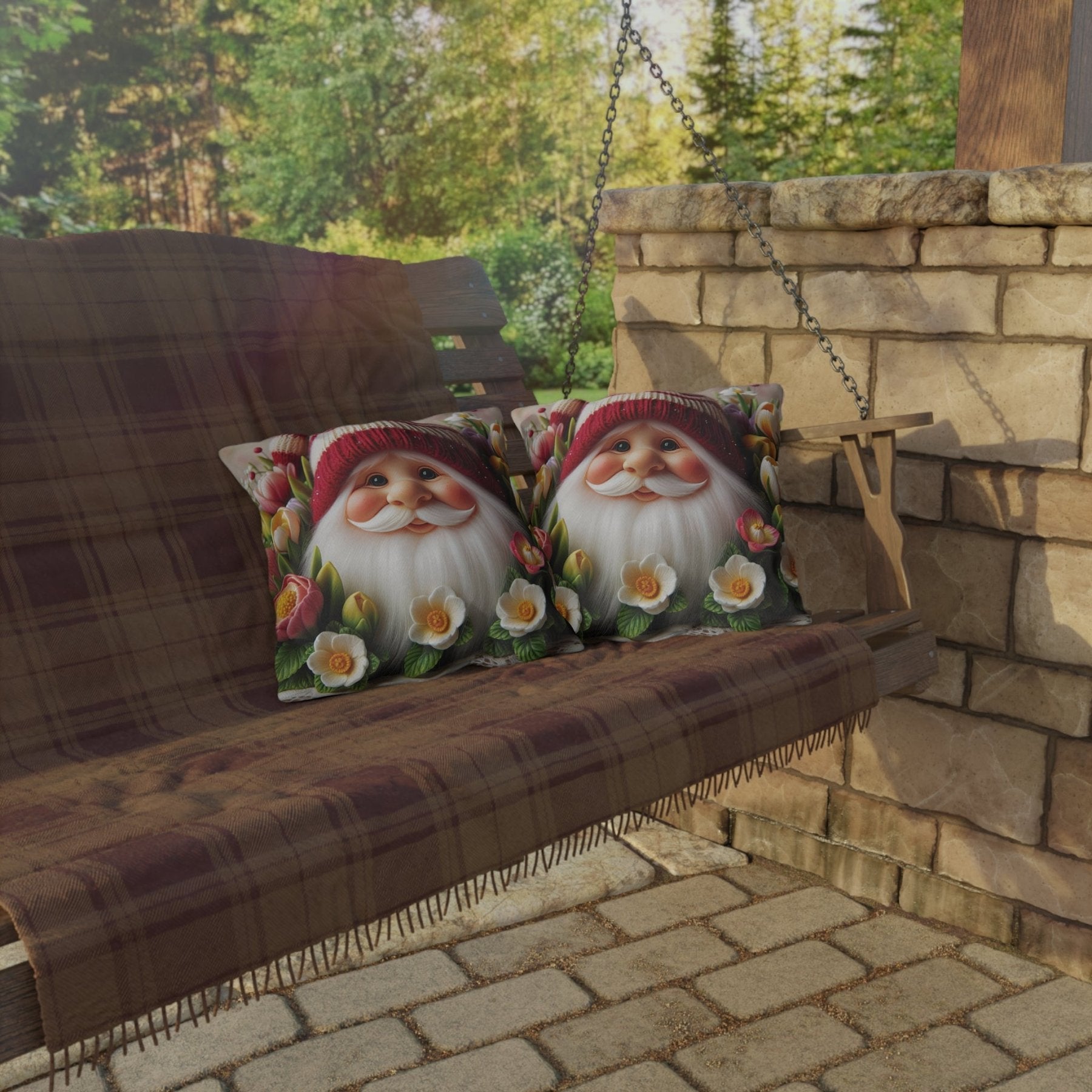 Gnome & Flowers Outdoor Pillow, Qty 1, (8) - Janlyn's Crafts