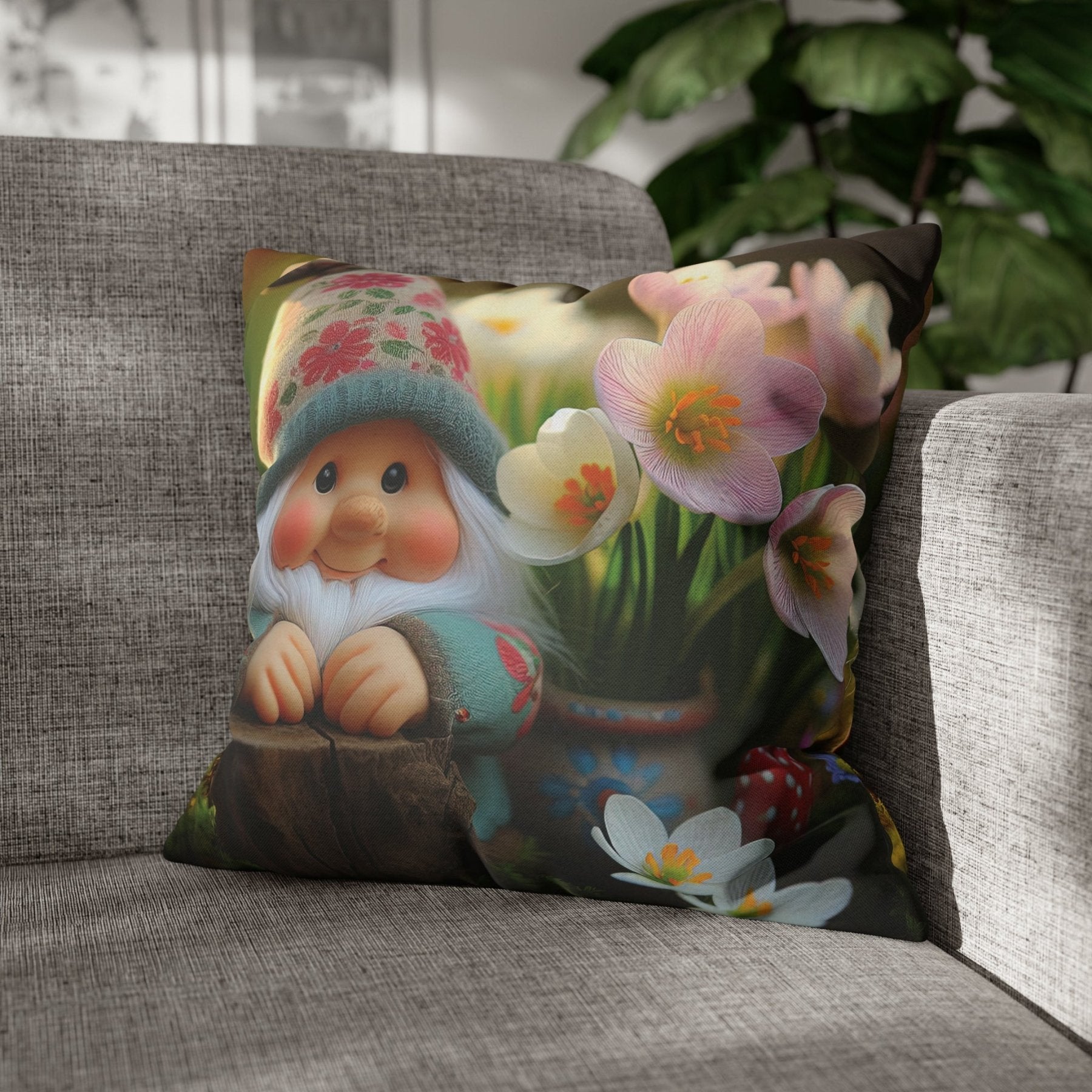 Gnome & Flowers Throw Pillow Cover, Throw Pillow Case, Qty 1, (1) - Janlyn's Crafts