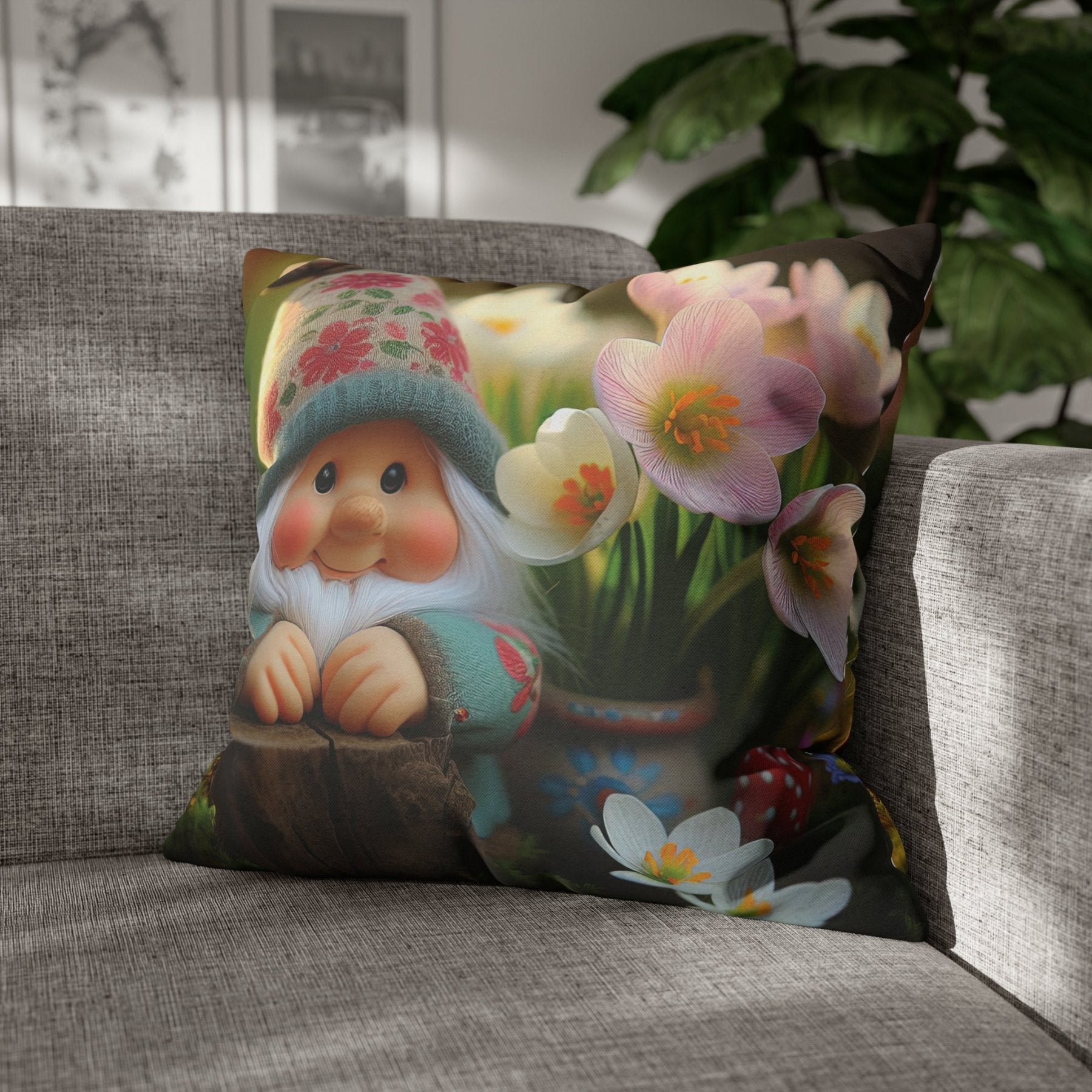 Gnome & Flowers Throw Pillow Cover, Throw Pillow Case, Qty 1, (1) - Janlyn's Crafts