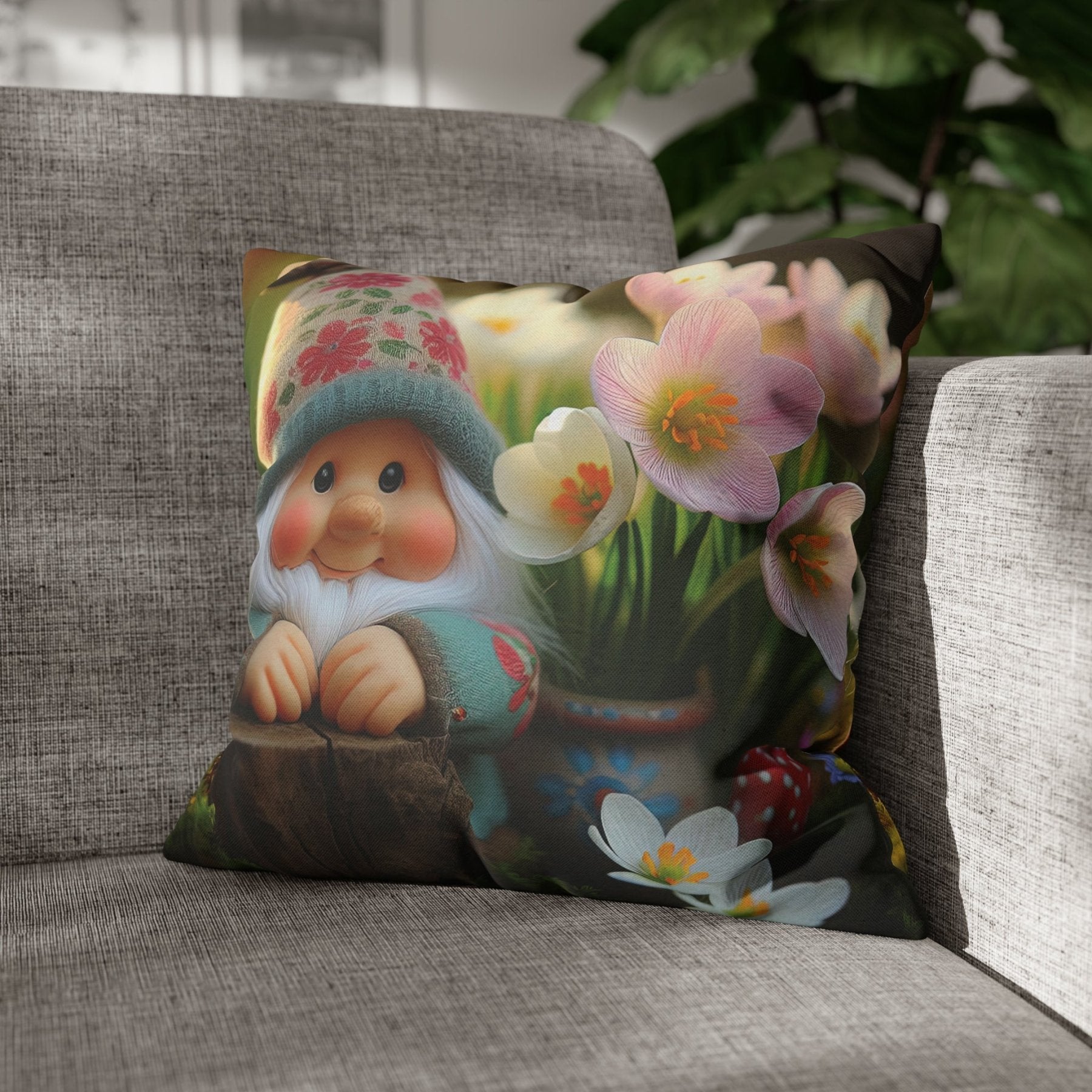 Gnome & Flowers Throw Pillow Cover, Throw Pillow Case, Qty 1, (1) - Janlyn's Crafts