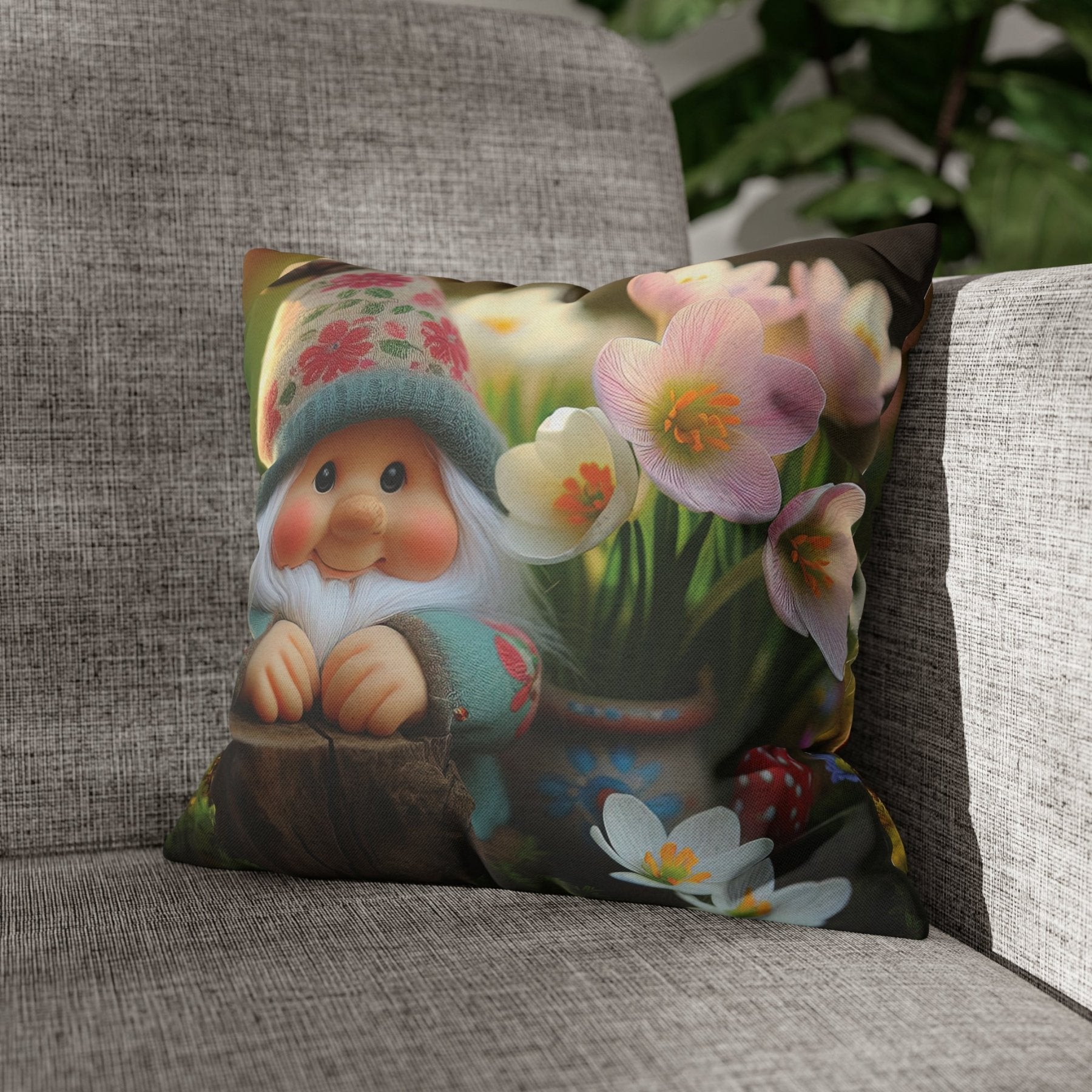 Gnome & Flowers Throw Pillow Cover, Throw Pillow Case, Qty 1, (1) - Janlyn's Crafts