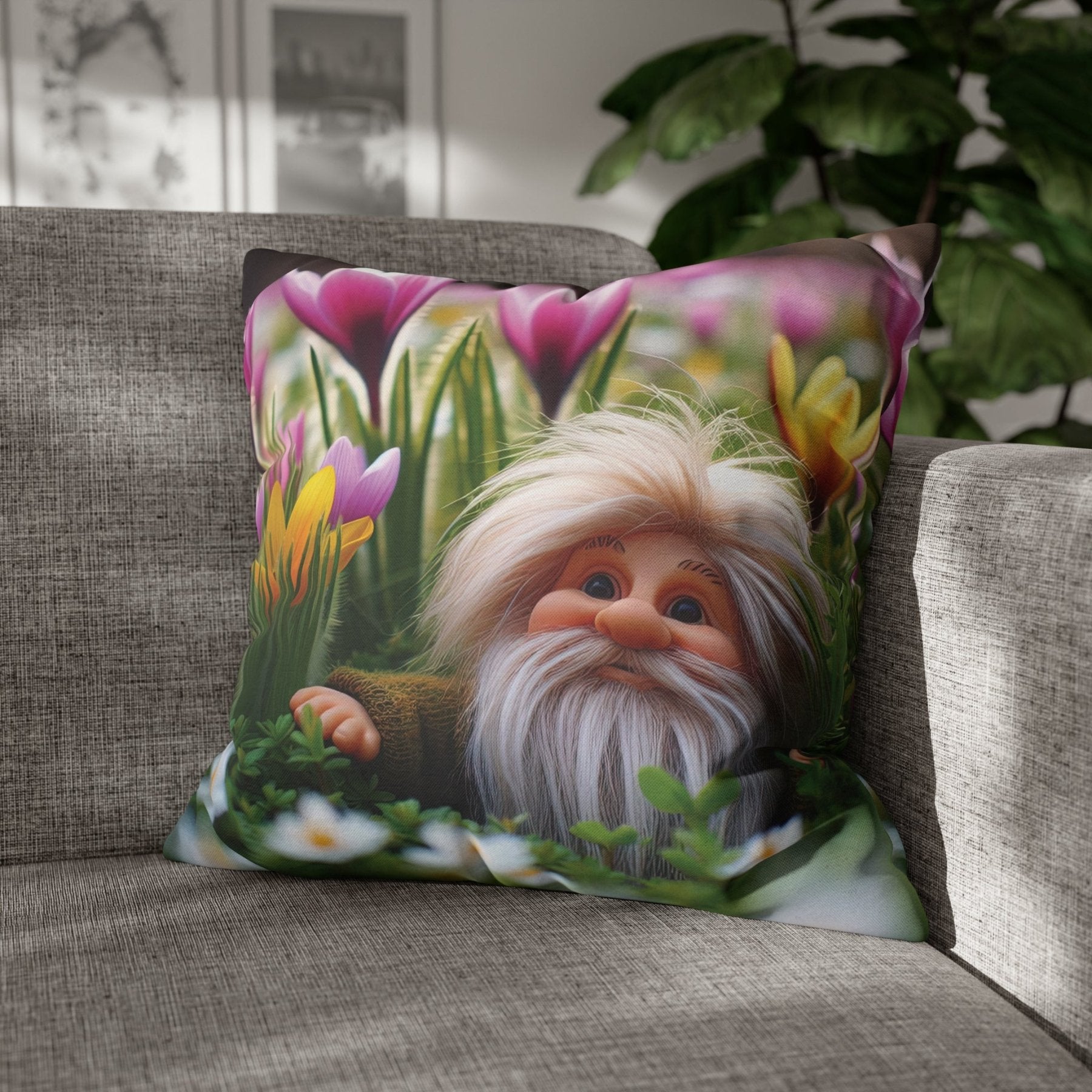 Gnome & Flowers Throw Pillow Cover, Throw Pillow Case, Qty 1, (10) - Janlyn's Crafts