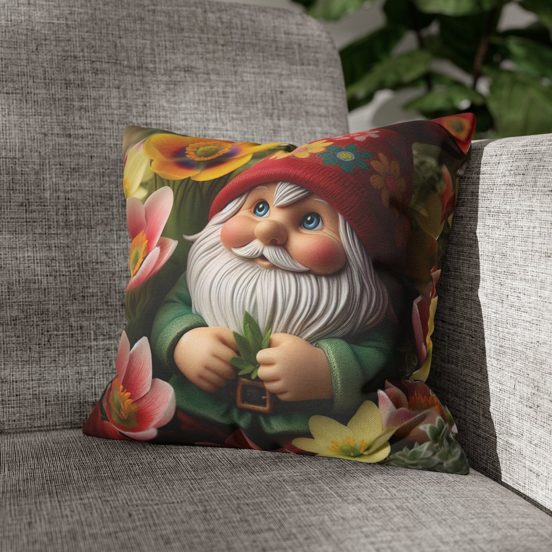 Gnome & Flowers Throw Pillow Cover, Throw Pillow Case, Qty 1, (13) - Janlyn's Crafts