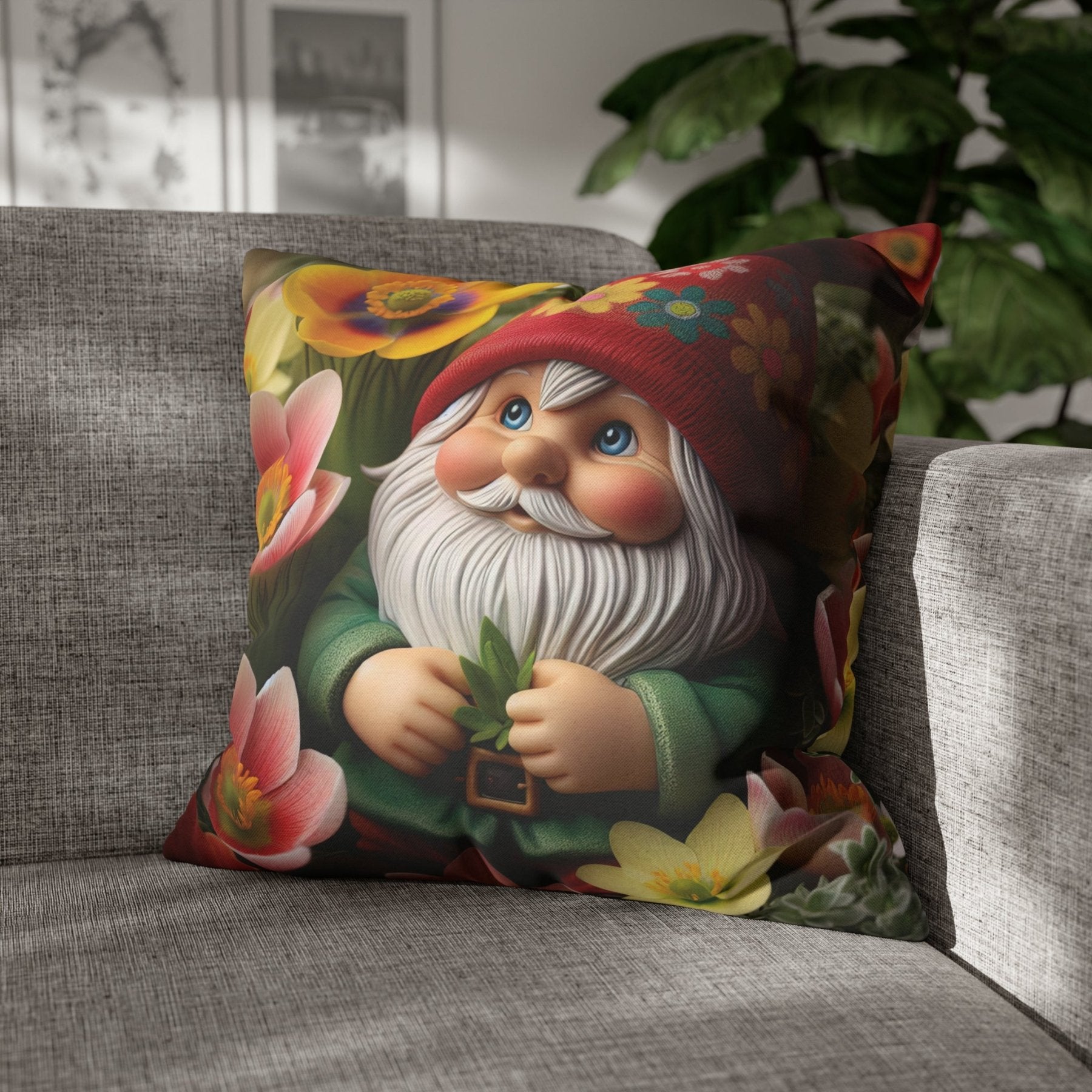 Gnome & Flowers Throw Pillow Cover, Throw Pillow Case, Qty 1, (13) - Janlyn's Crafts