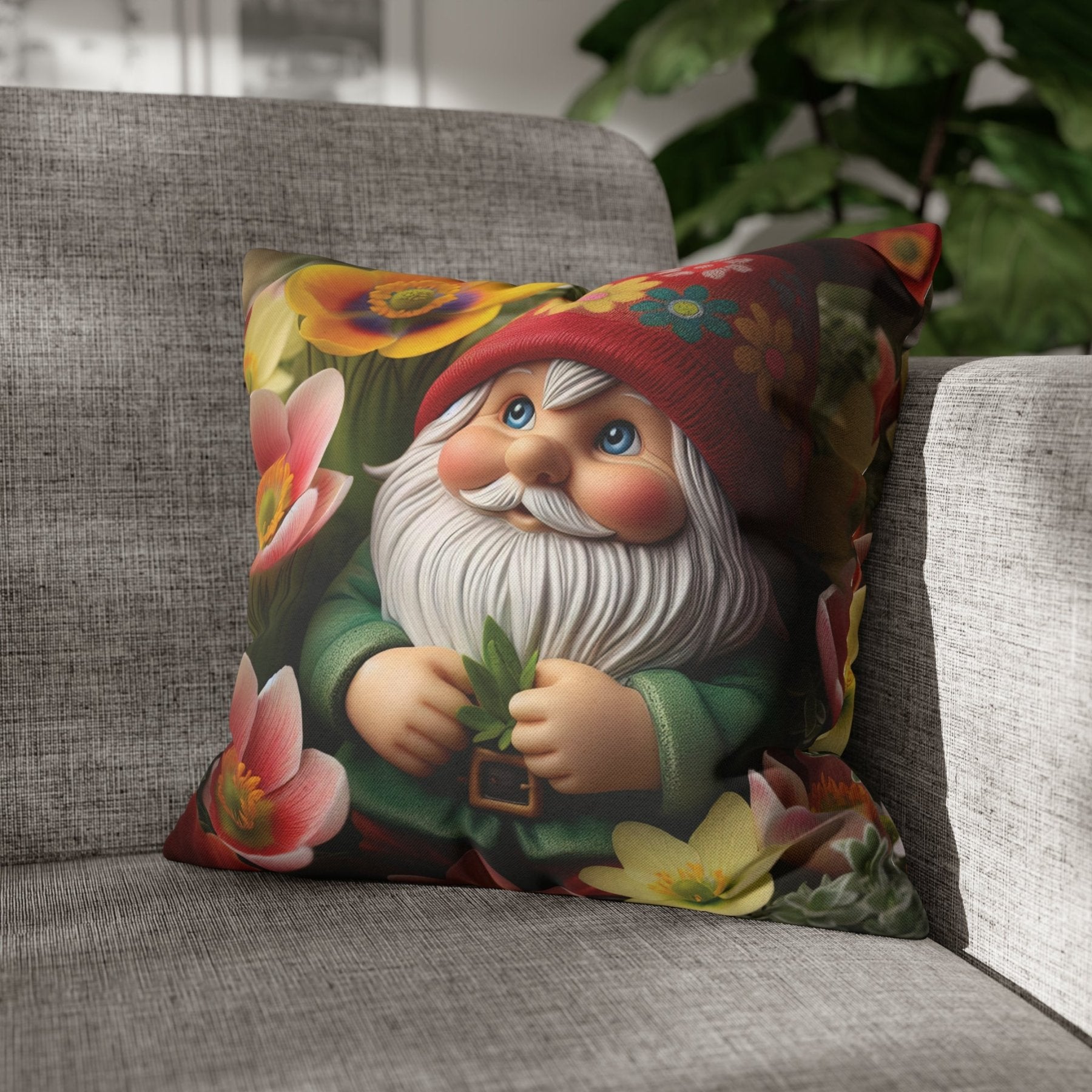 Gnome & Flowers Throw Pillow Cover, Throw Pillow Case, Qty 1, (13) - Janlyn's Crafts