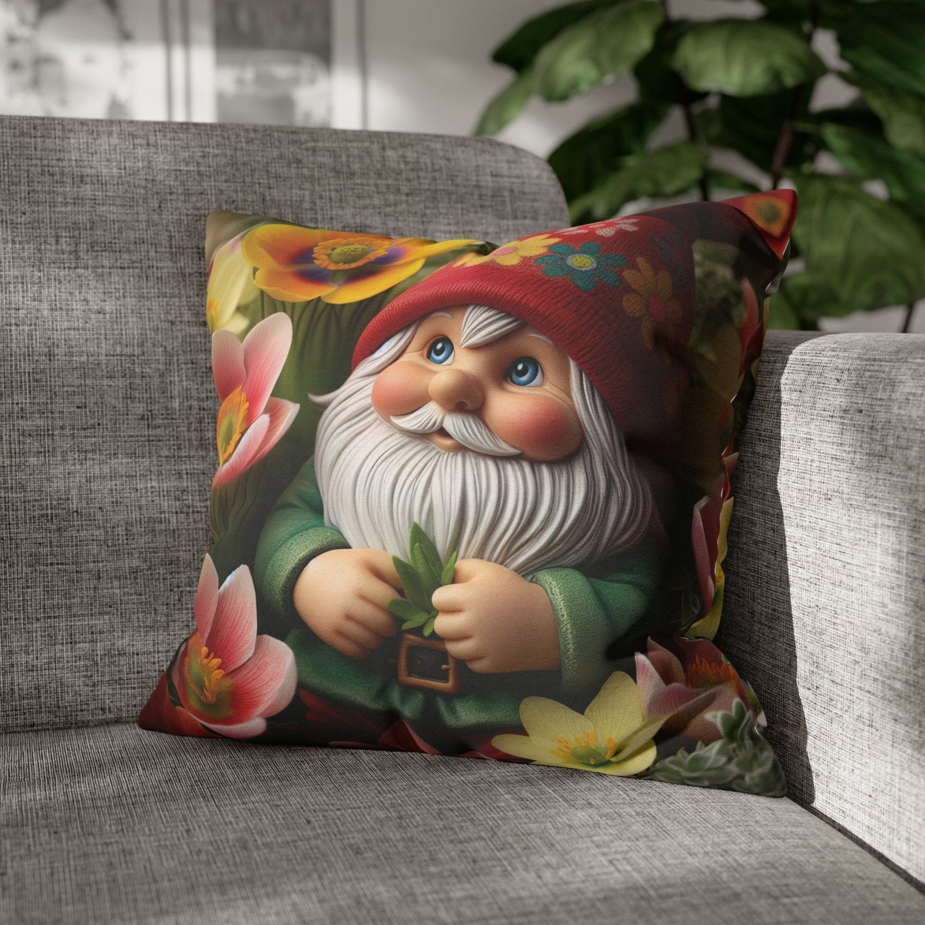 Gnome & Flowers Throw Pillow Cover, Throw Pillow Case, Qty 1, (13) - Janlyn's Crafts