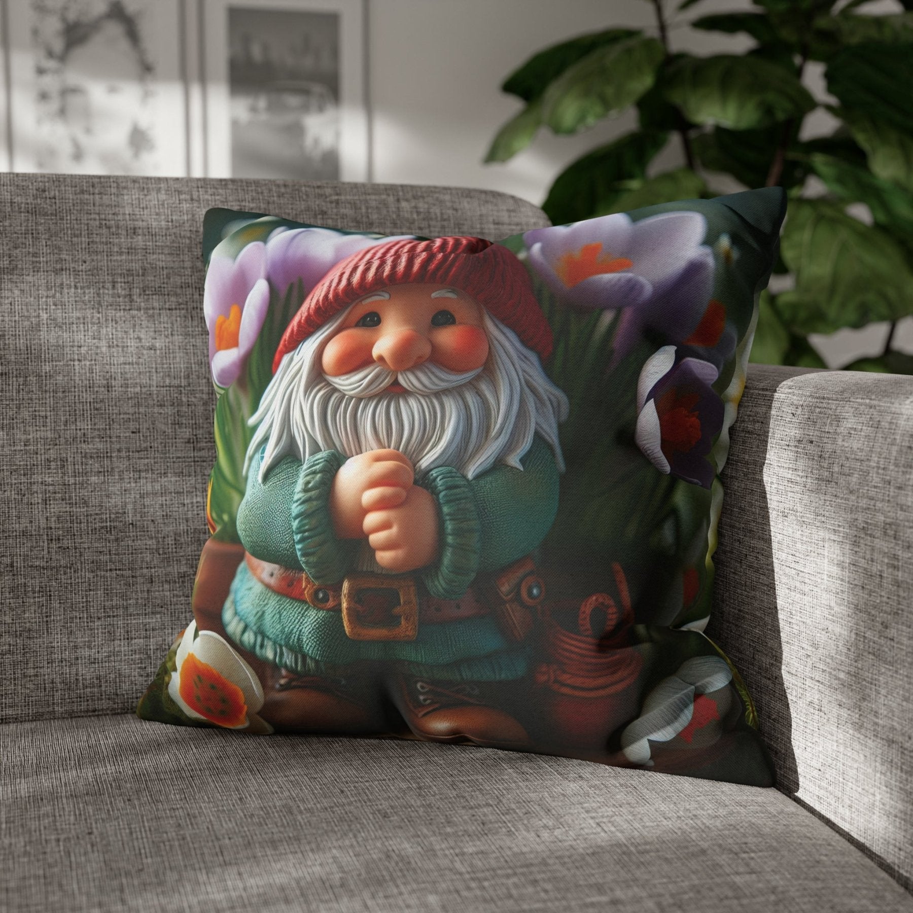 Gnome & Flowers Throw Pillow Cover, Throw Pillow Case, Qty 1, (17) - Janlyn's Crafts