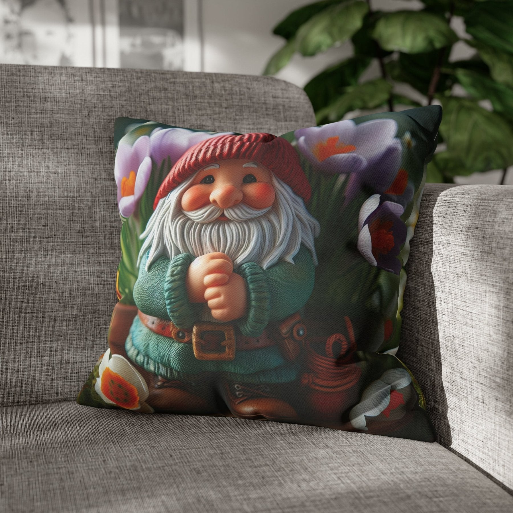 Gnome & Flowers Throw Pillow Cover, Throw Pillow Case, Qty 1, (17) - Janlyn's Crafts