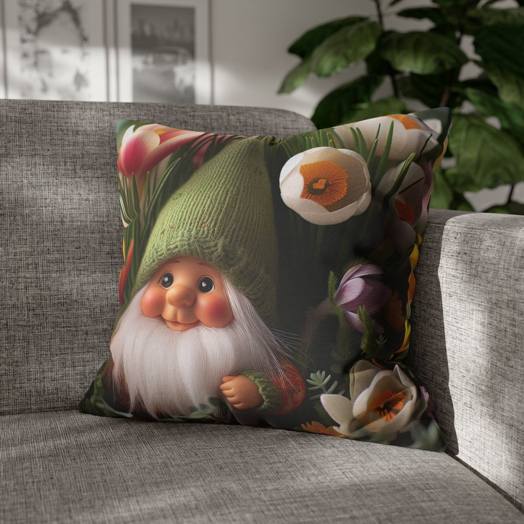 Gnome & Flowers Throw Pillow Cover, Throw Pillow Case, Qty 1, (19) - Janlyn's Crafts