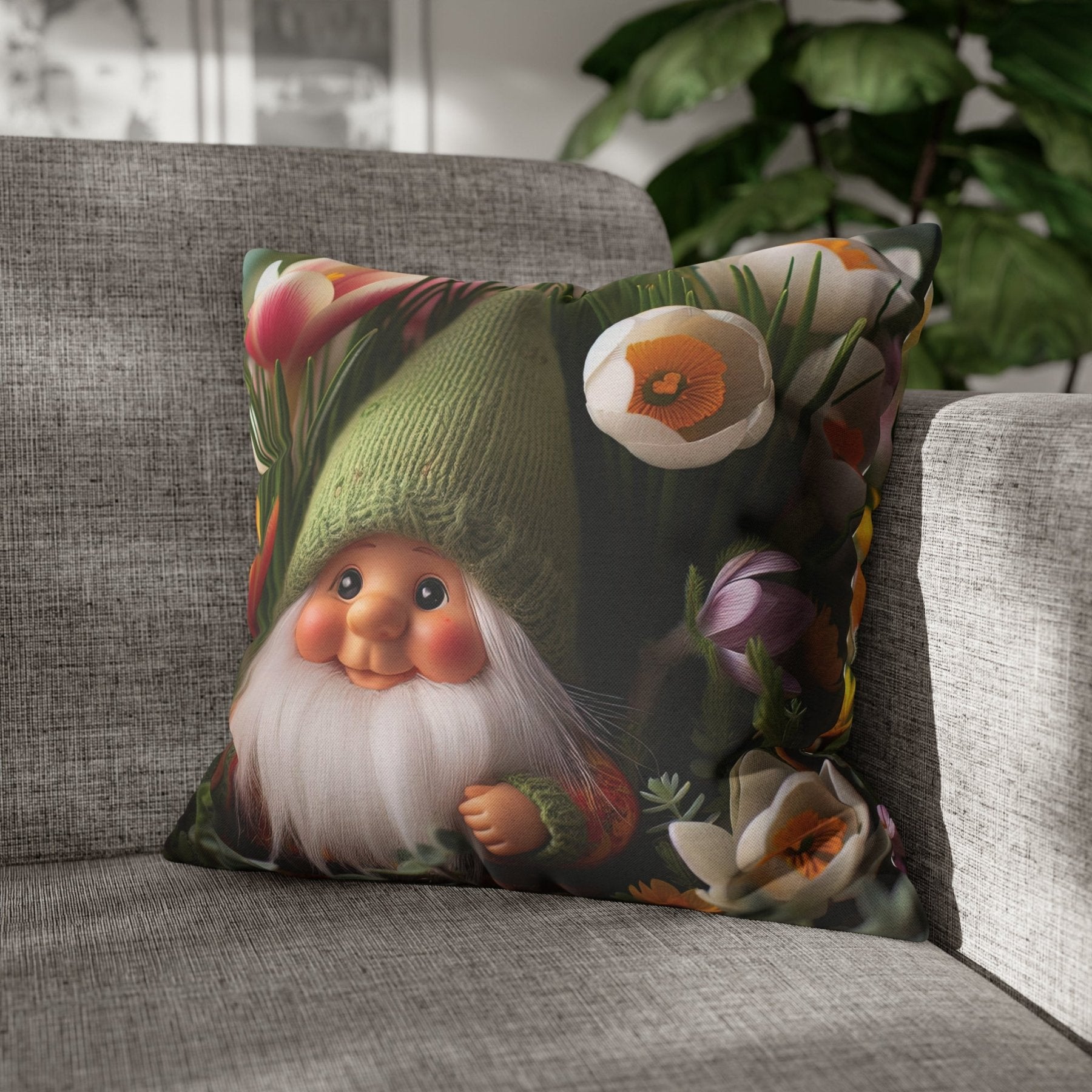 Gnome & Flowers Throw Pillow Cover, Throw Pillow Case, Qty 1, (19) - Janlyn's Crafts