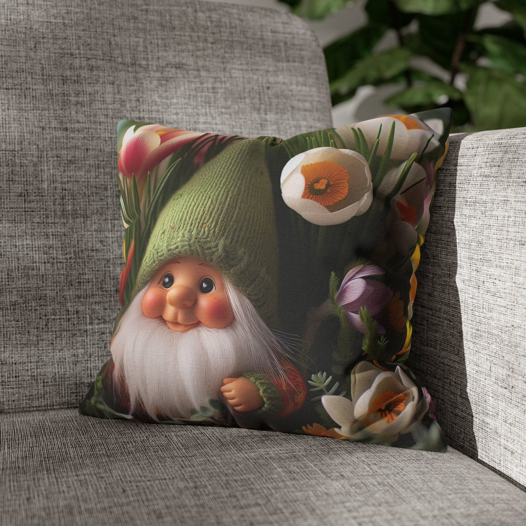 Gnome & Flowers Throw Pillow Cover, Throw Pillow Case, Qty 1, (19) - Janlyn's Crafts