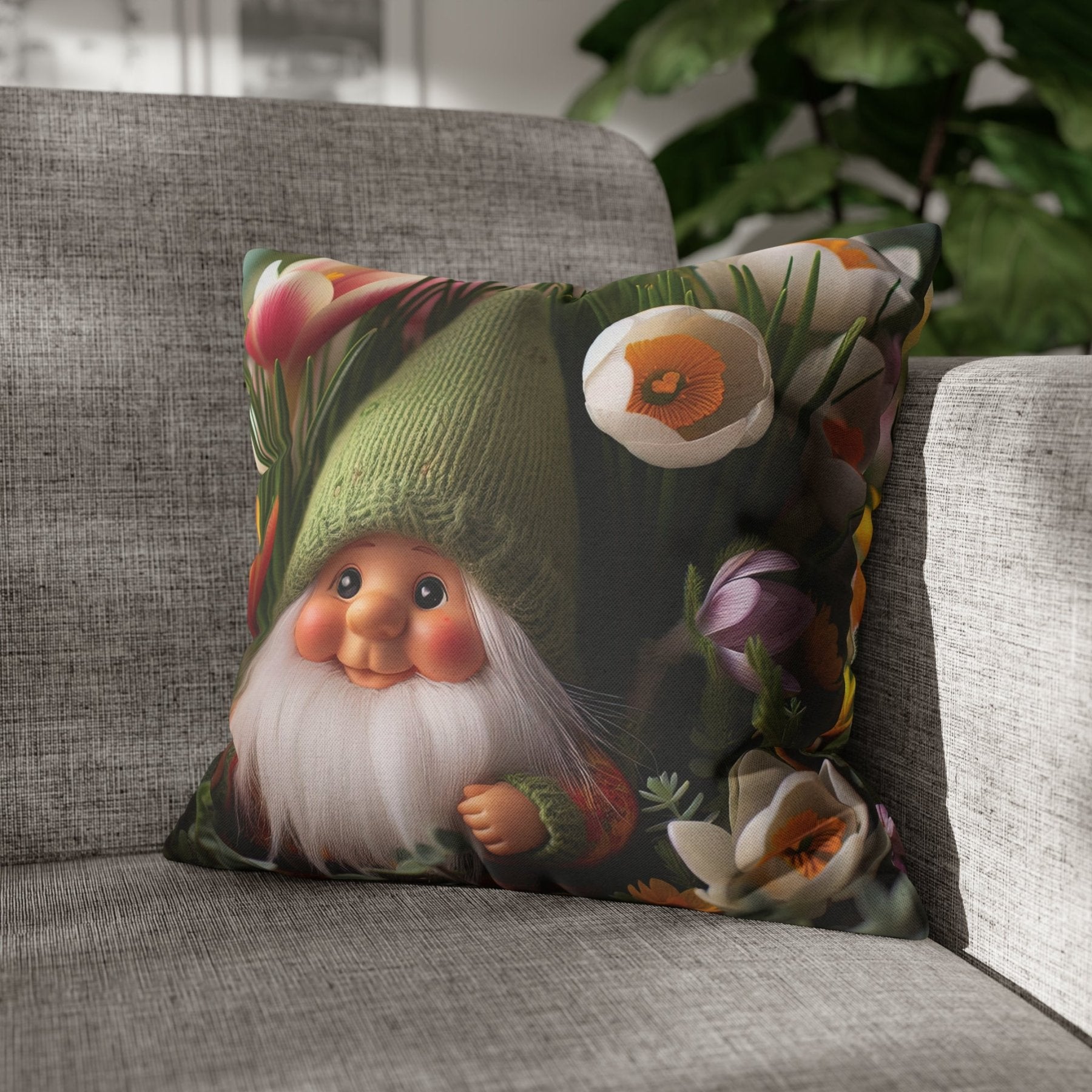 Gnome & Flowers Throw Pillow Cover, Throw Pillow Case, Qty 1, (19) - Janlyn's Crafts