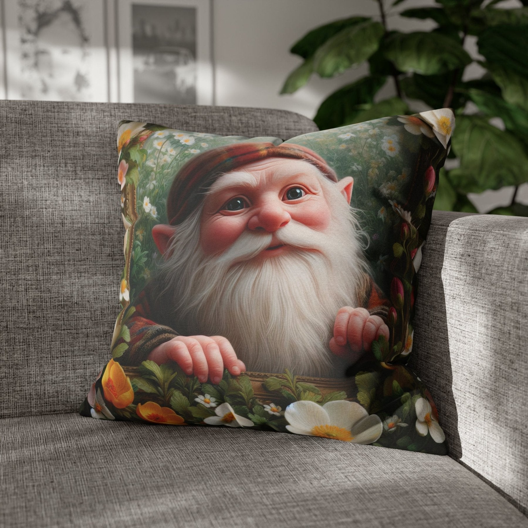 Gnome & Flowers Throw Pillow Cover, Throw Pillow Case, Qty 1, (3) - Janlyn's Crafts