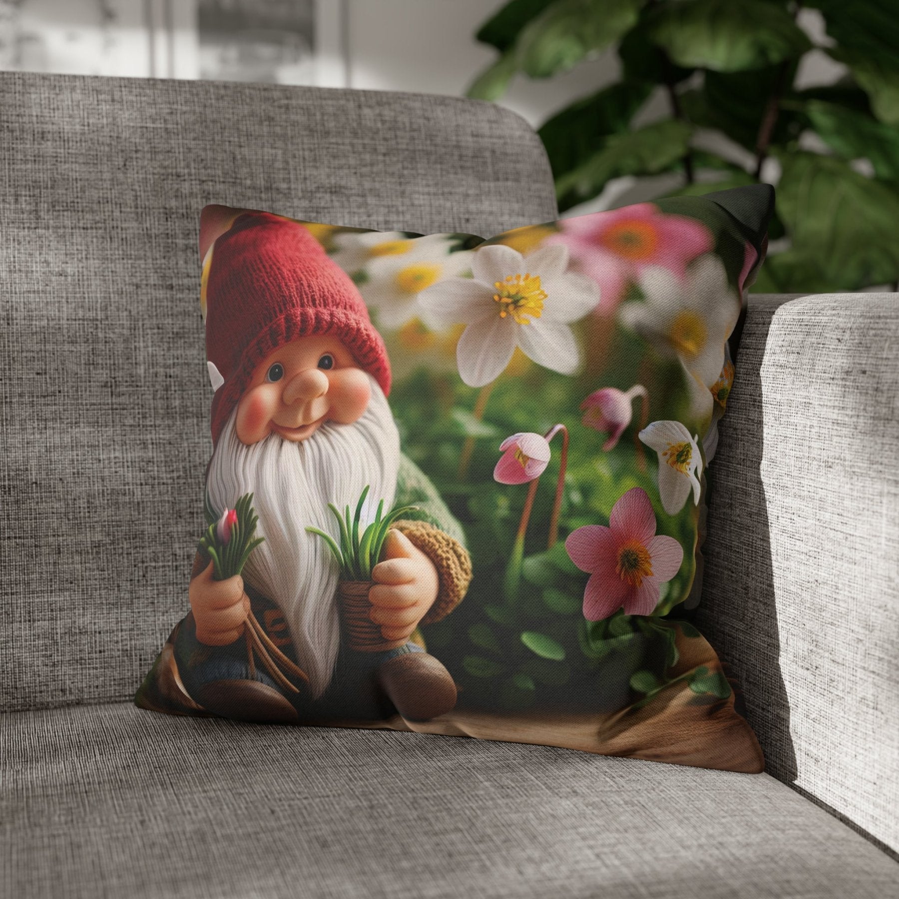 Gnome & Flowers Throw Pillow Cover, Throw Pillow Case, Qty 1, (5) - Janlyn's Crafts