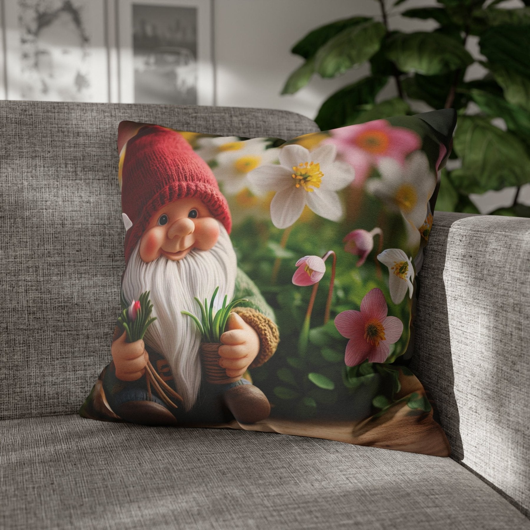 Gnome & Flowers Throw Pillow Cover, Throw Pillow Case, Qty 1, (5) - Janlyn's Crafts