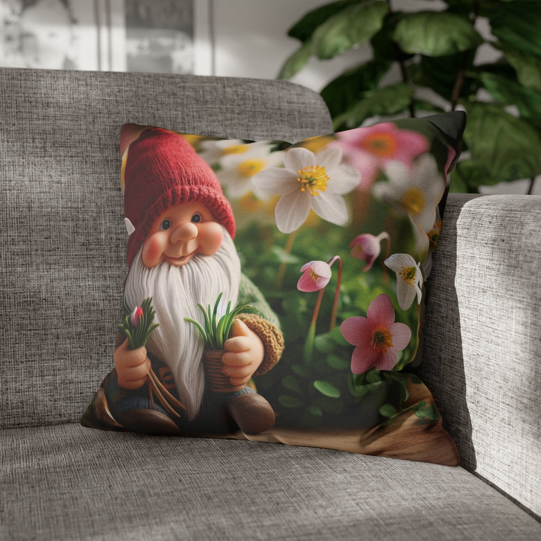 Gnome & Flowers Throw Pillow Cover, Throw Pillow Case, Qty 1, (5) - Janlyn's Crafts