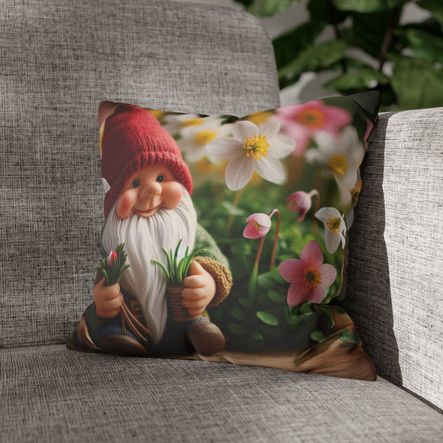 Gnome & Flowers Throw Pillow Cover, Throw Pillow Case, Qty 1, (5) - Janlyn's Crafts