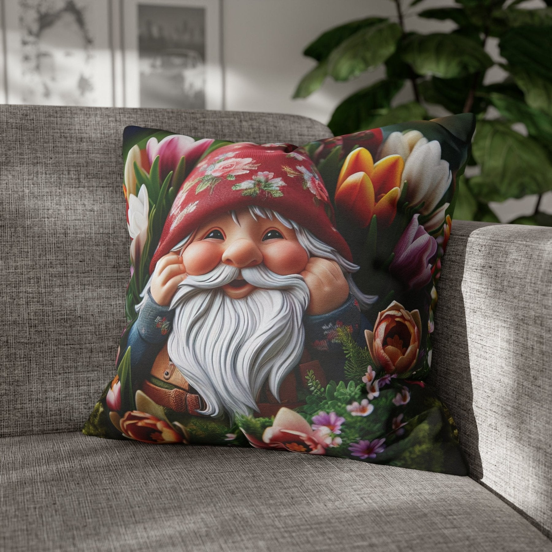 Gnome & Flowers Throw Pillow Cover, Throw Pillow Case, Qty 1, (7) - Janlyn's Crafts