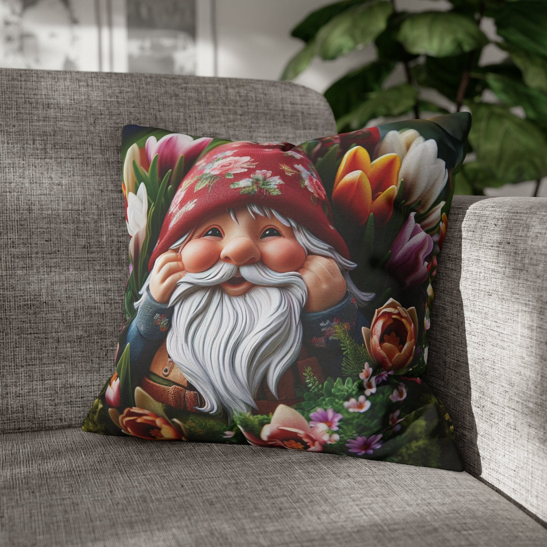 Gnome & Flowers Throw Pillow Cover, Throw Pillow Case, Qty 1, (7) - Janlyn's Crafts