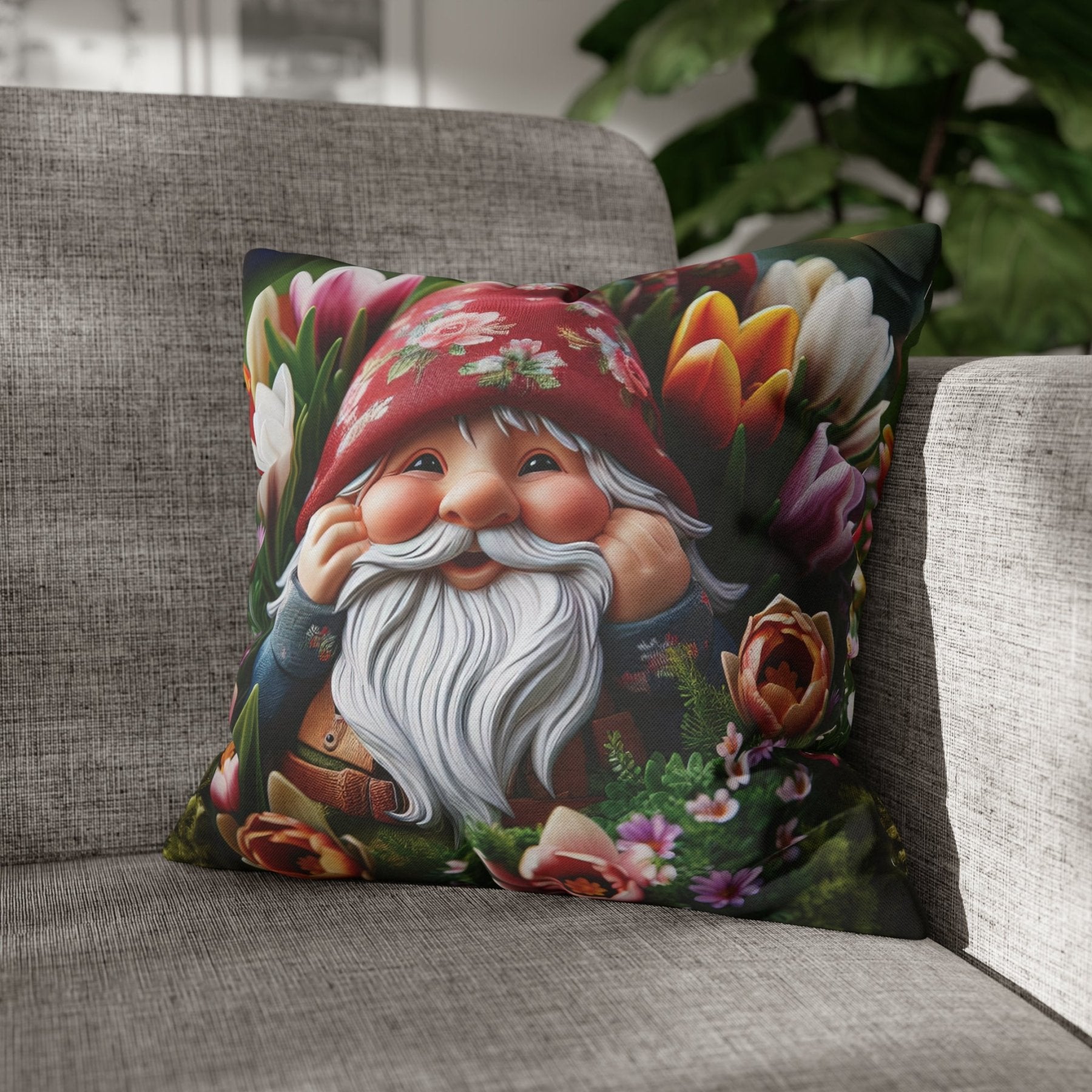 Gnome & Flowers Throw Pillow Cover, Throw Pillow Case, Qty 1, (7) - Janlyn's Crafts