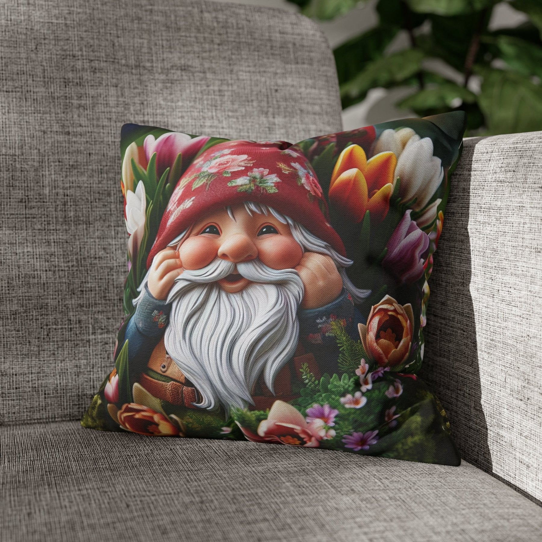 Gnome & Flowers Throw Pillow Cover, Throw Pillow Case, Qty 1, (7) - Janlyn's Crafts