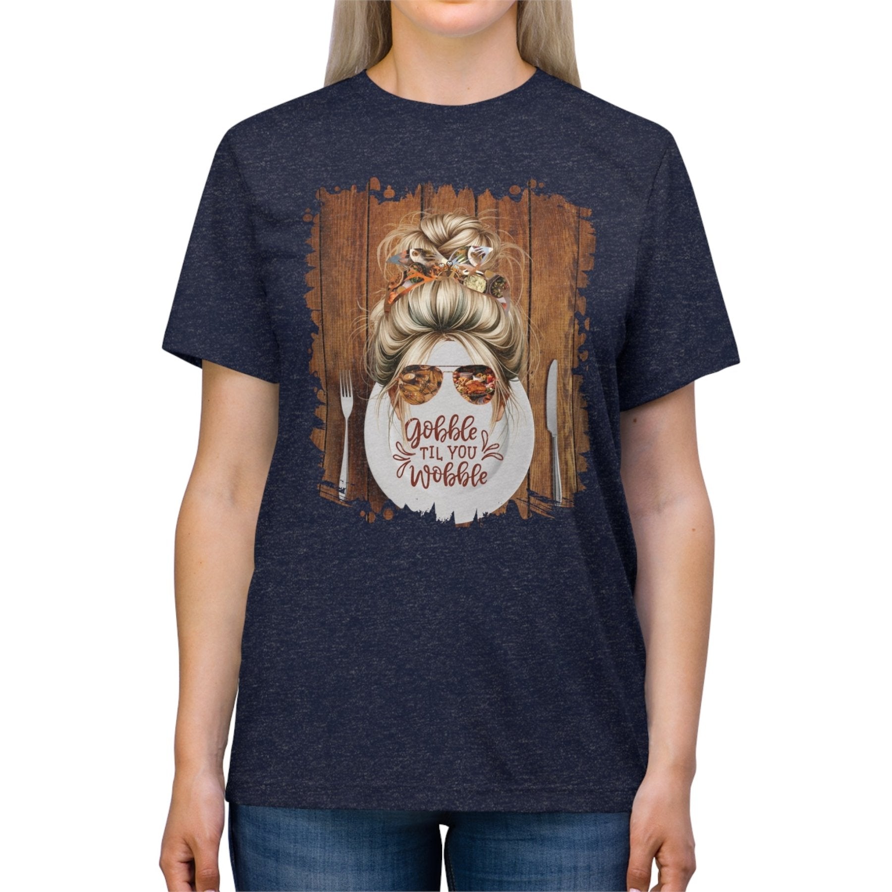 Gobble til You Wobble Plate Setting, Blond Hair Messy Bun, Unisex Triblend T - Shirt - Janlyn's Crafts